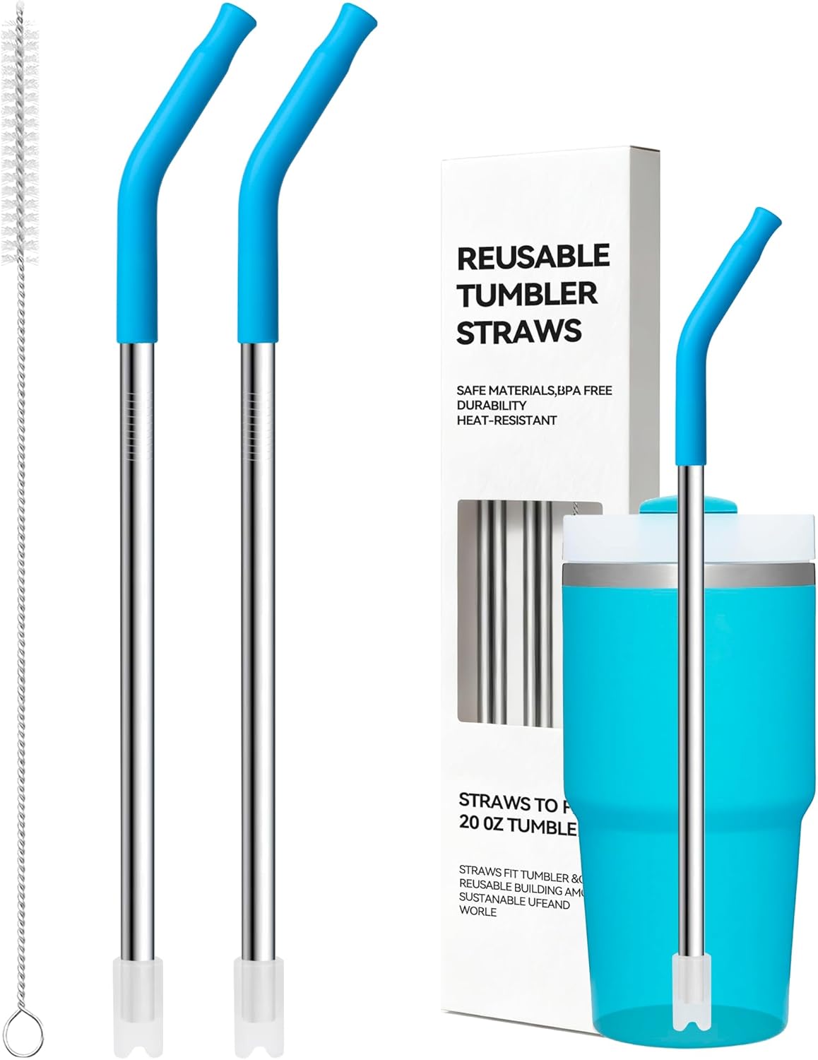 Metal Straws With Silicone Tip For Stanley Adventure Quencher H2.0 Tumbler 14 oz 20 oz, Short Straw Replacement Stainless Steel Straws Reusable For STANLEY Cups 14oz,20 oz, Dishwasher Safe(Sky Blue)