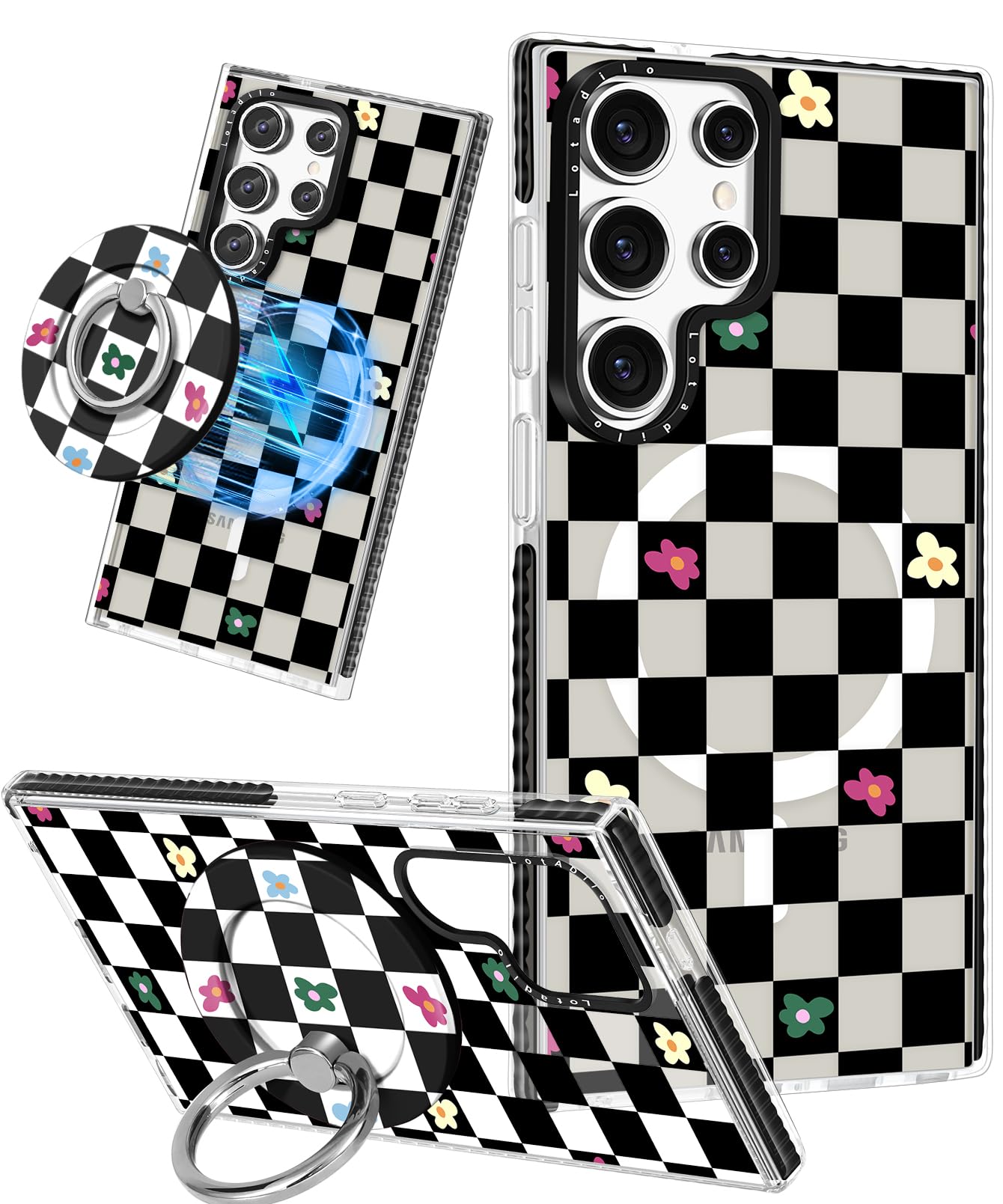 Lotadilo Cute Case for Samsung Galaxy S25 Ultra for Women Girls - Funny Plaid Flower Design Compatible with Magsafe Magnetic Ring Holder Kickstand