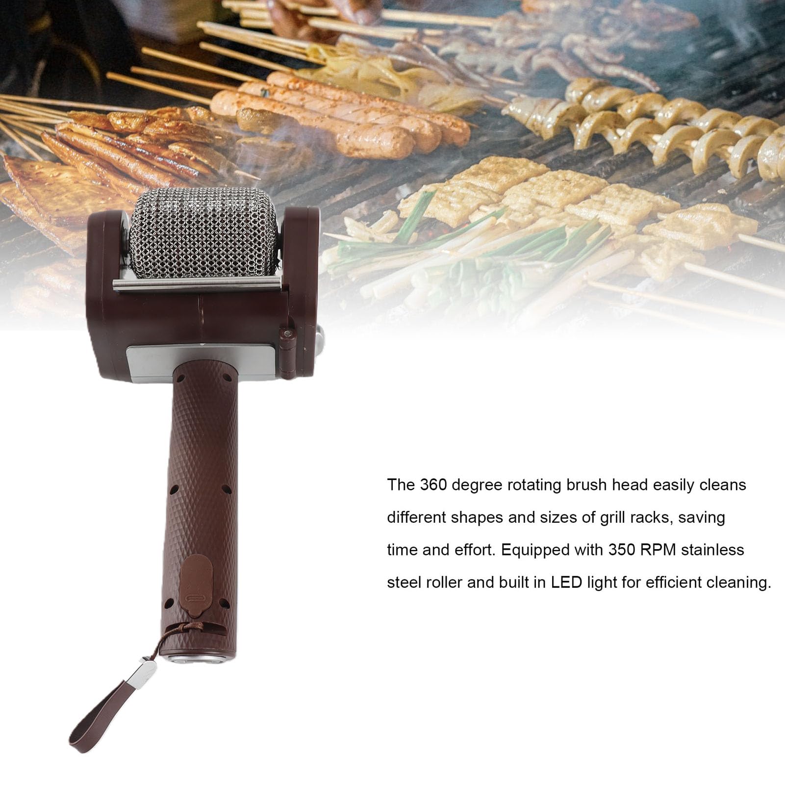 Cepillo Giratorio para Parrilla, Herramienta inalámbrica Recargable para Barbacoa con Rodillo de Acero Inoxidable de 350 RPM, Limpiador eléctrico para Parrilla de Barbacoa con luz (Brown)
