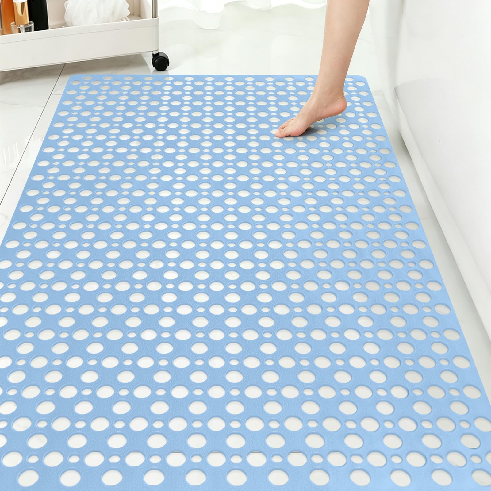 Tappetino doccia antiscivolo, 80 x 120 cm, tappetino da bagno con ventose, tappetino da bagno con fori di scarico, grande tappetino antiscivolo in TPE ad asciugatura rapida (grande blu, 120 x 80 cm)