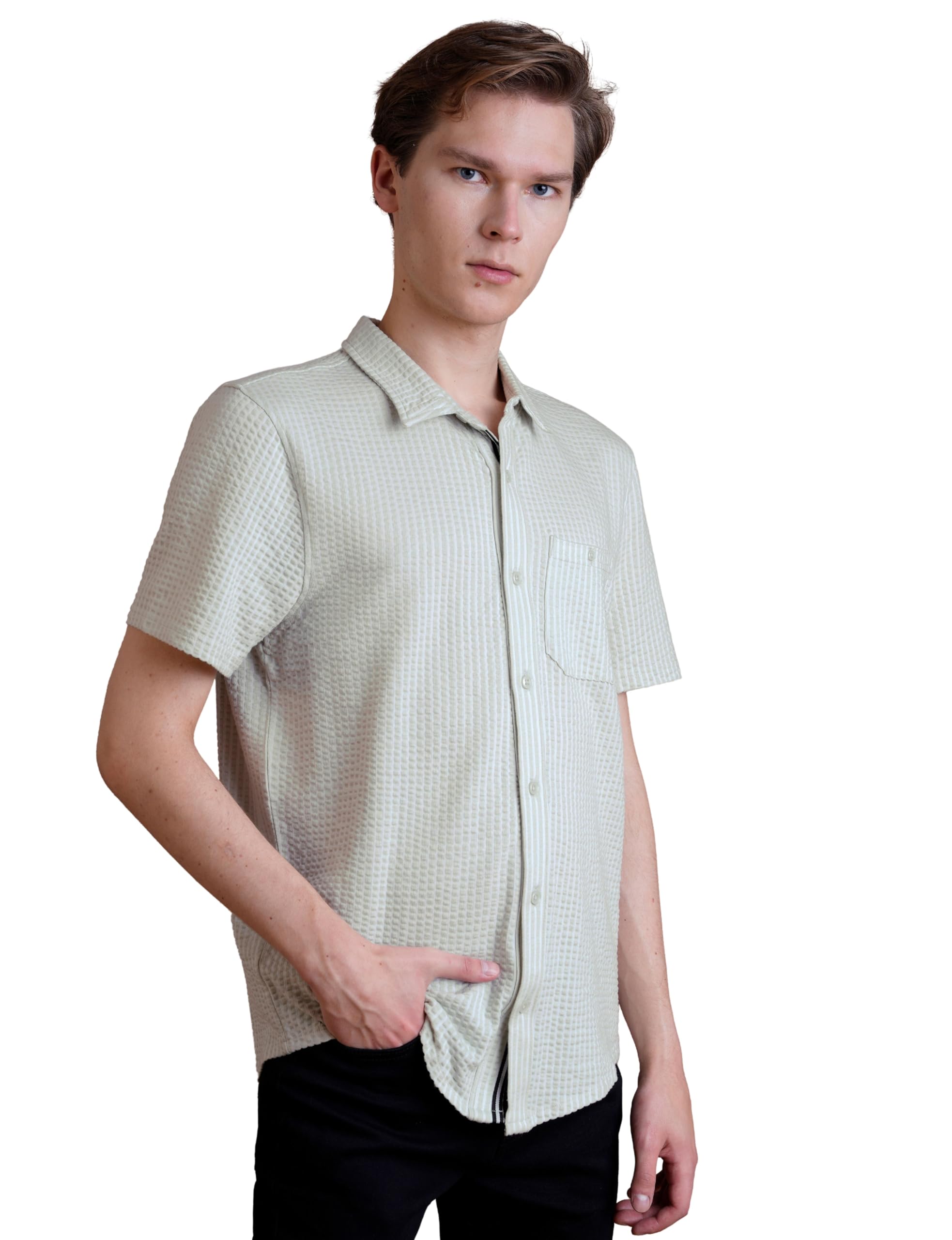 Enorsia Men's Light Gray Jersey Seersucker Stripe Short Sleeve Shirt - Uk L