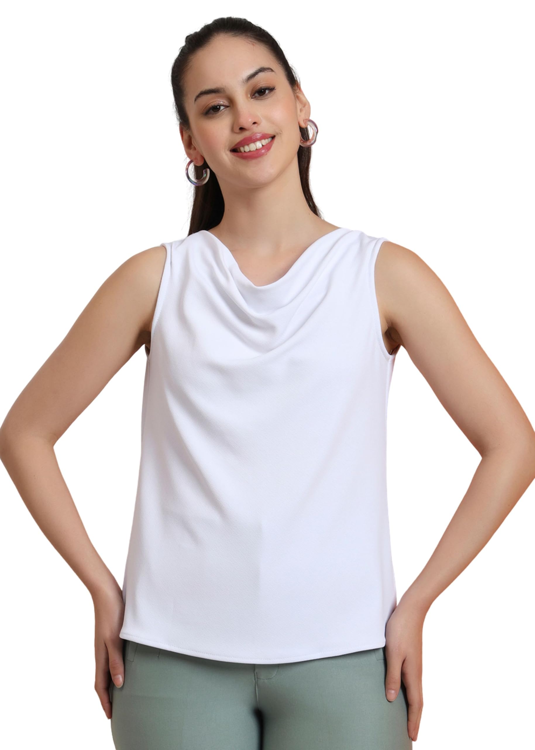 dezaina ancora Women's Solid White Cowl Neck Formal Office and Casual Sleeveless Top-picture-42