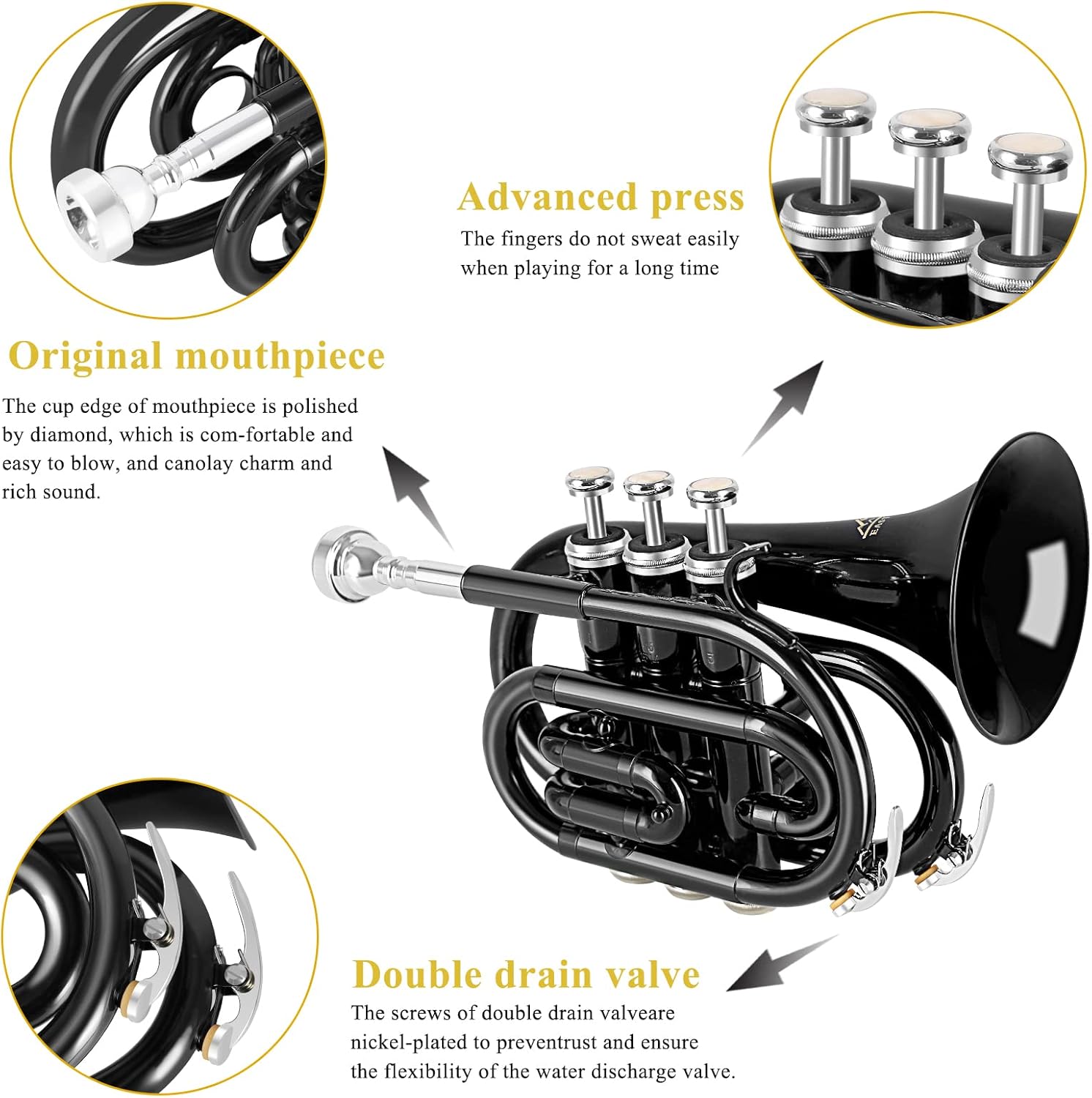EASTROCK Pocket Trumpet Brass Bb Trumpet with 7C Mouthpiece, Hard Case, Strap, Gloves, Cleaning Kit for Students and Beginners(Black)