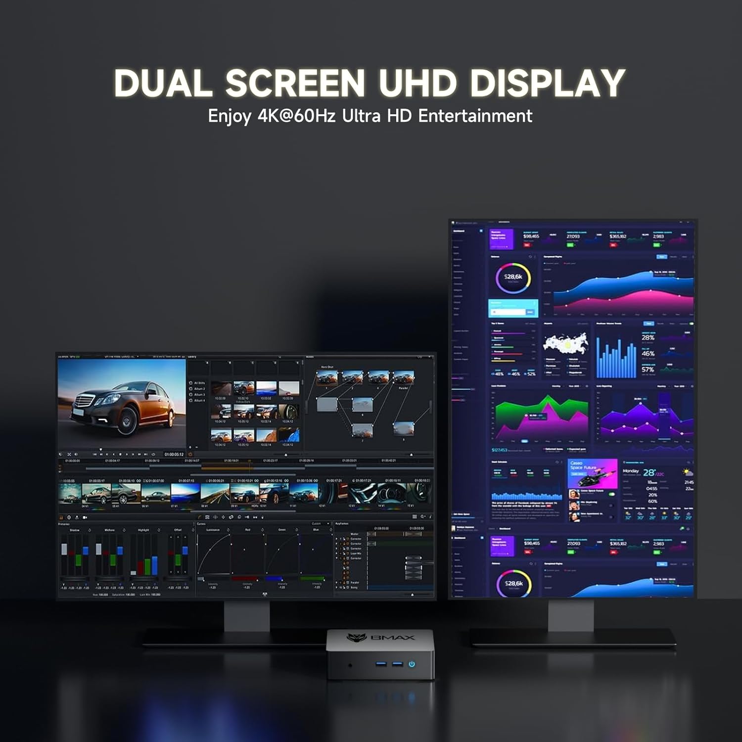 Bmax B3 Pro Mini PC connected to two monitors