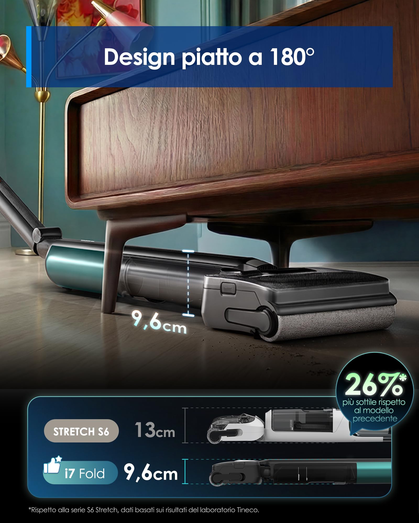 Tineco Floor One i7 Fold Lavapavimenti aspirapolvere senza fili, 22.000Pa, Anti-Groviglio DualBlock, Tubo 180°, FlashDry 85℃, 45 dB Silenzioso, 50min, Pulizia Bordi