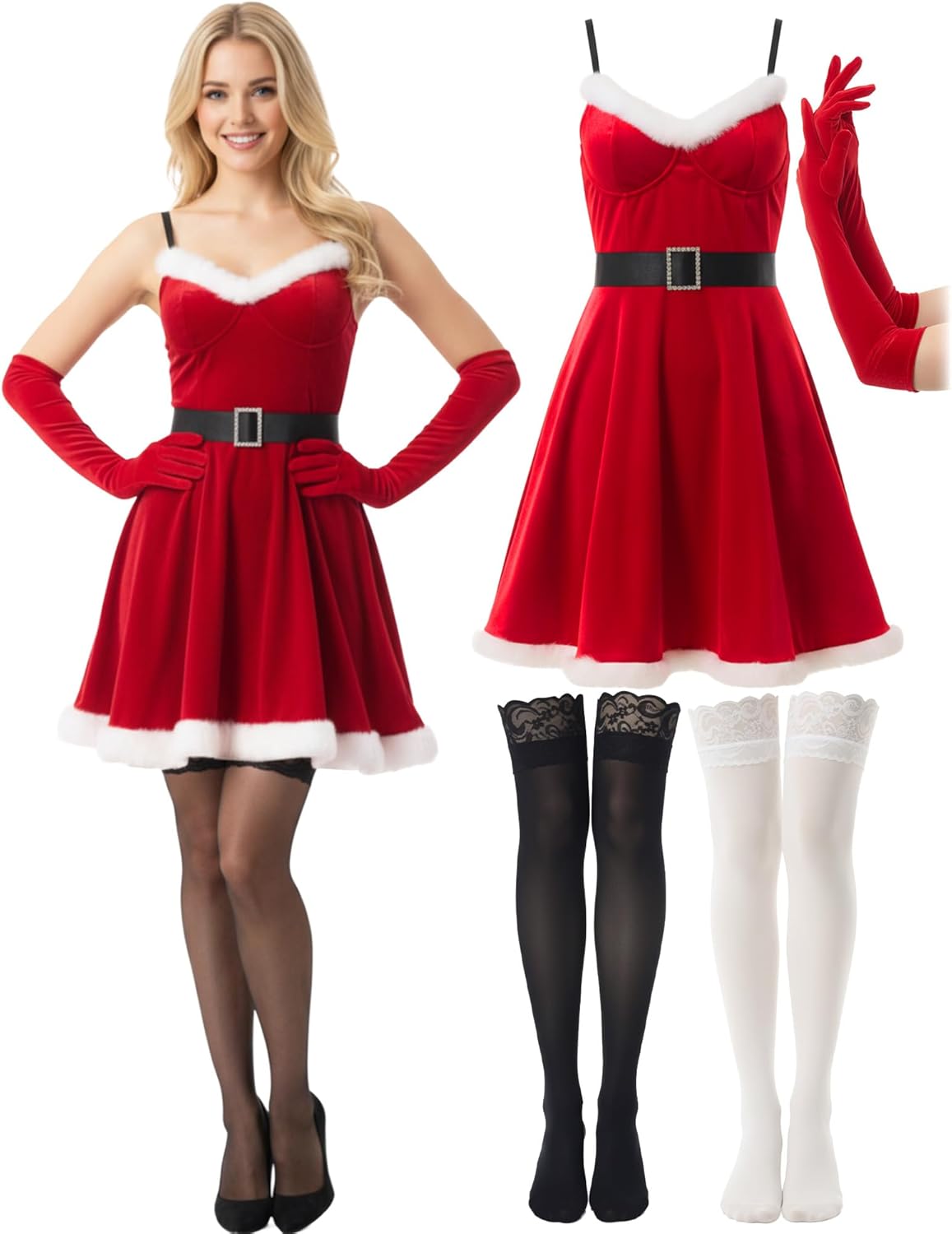 Haysandy 4 Pcs Mrs. Santa Claus Christmas Women Costume Suspender Lingerie Velvet Dress Gloves Stockings for Christmas Party