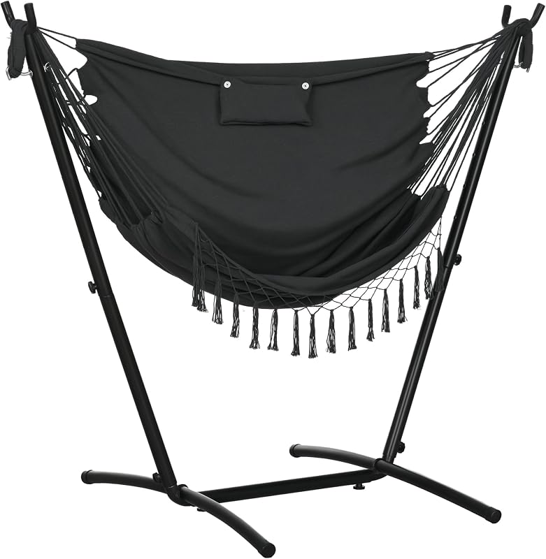 Outsunny Patio Hammock Chair with Stand Side Pocket Headrest Dark Gray | Outdoor, Hammock Swing, Hanging Lounge Chair