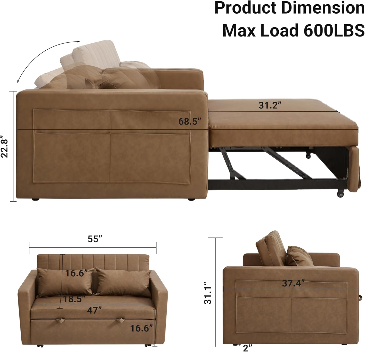 55 Brown Leather Sofa Bed Pull-Out Sleeper Couch Futon with Side Pocket Convertible for Living Room Apartment Bedroom RV