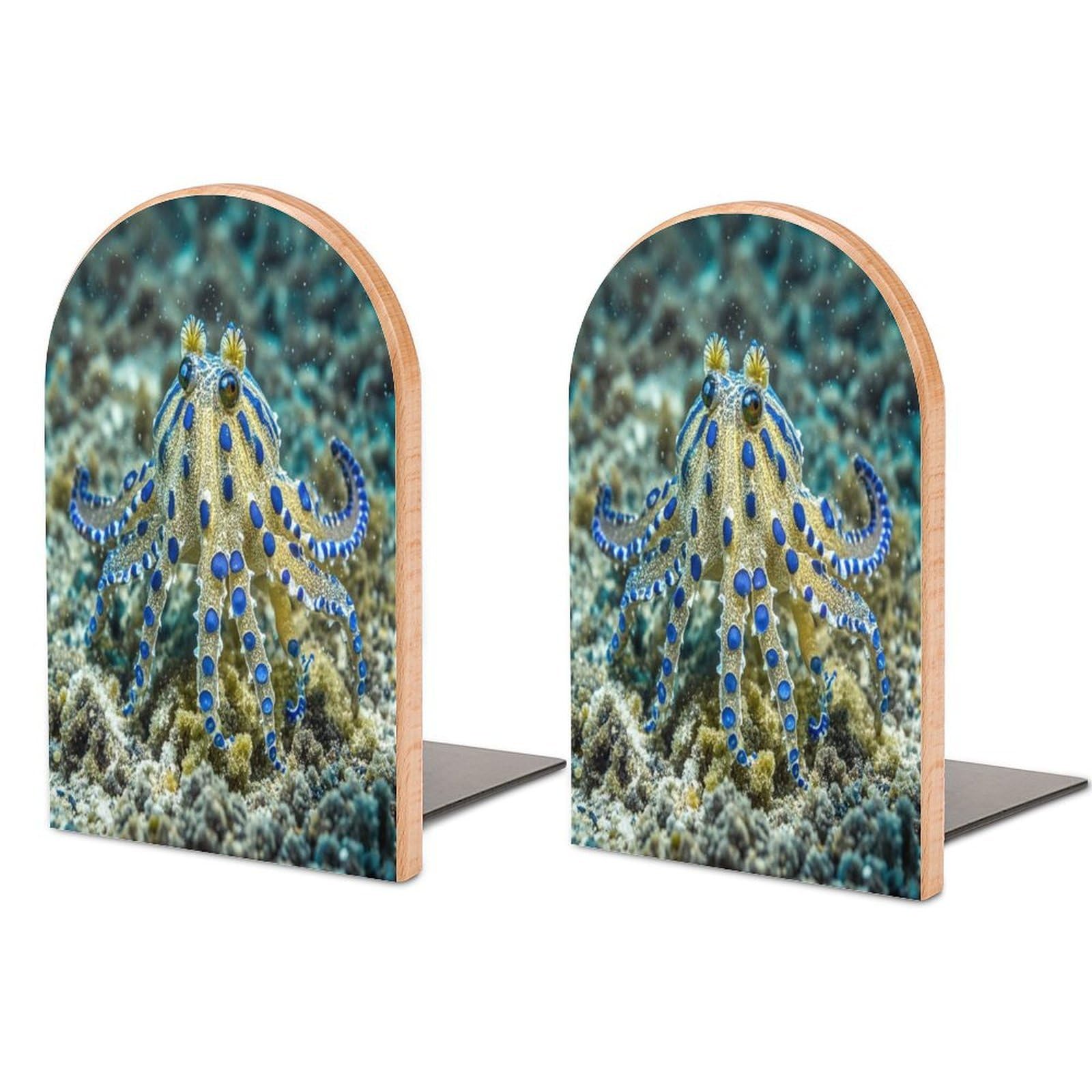 Blue Ringed Octopus Bookend Non-Skid Wooden Bookends for Shelves Heavy Duty Wood Book Ends Decorative Book Stopper Book Stand Non-Slip Book Organizer for Home Office Library