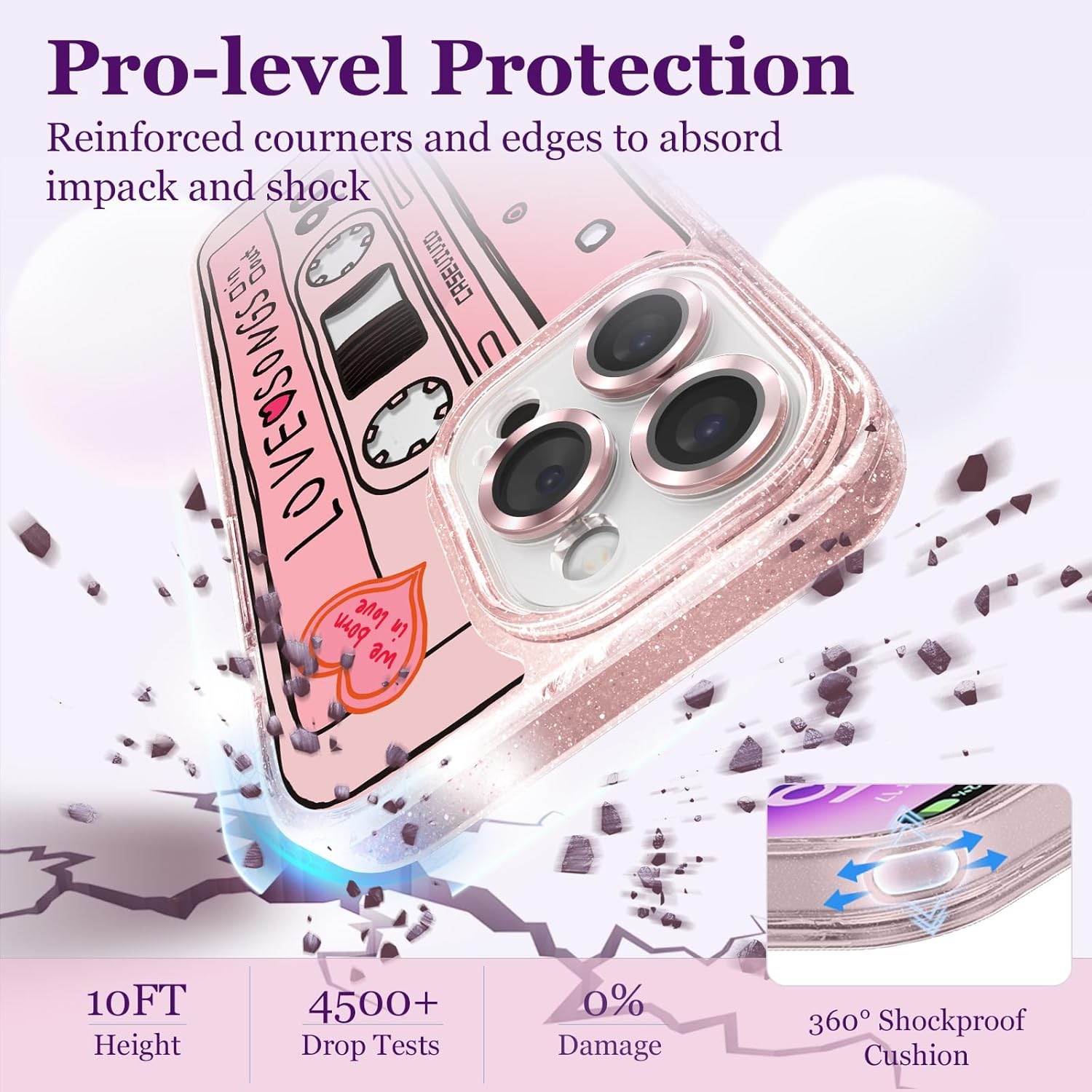 Designed for iPhone 14 Pro Max Case Pink Glitter Clear - Cute Bling Phone Case with Wrist Strap - Aesthetic Y2K Case for Woman, Girl 6.7" (Magnetic Tape)