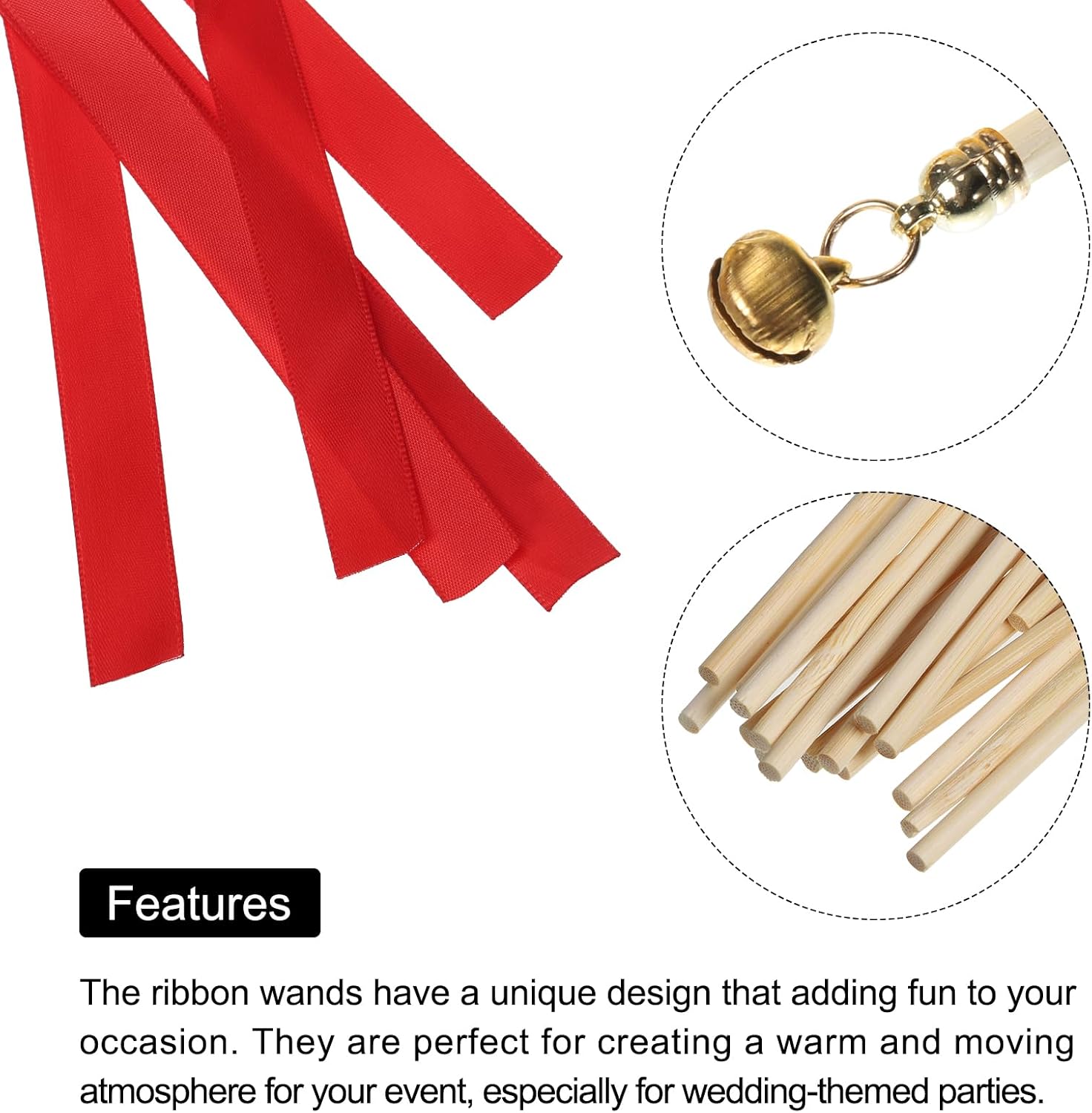 MECCANIXITY 30Pcs Wedding Party Ribbon Streamers Sticks for Wedding Party Celebration Red