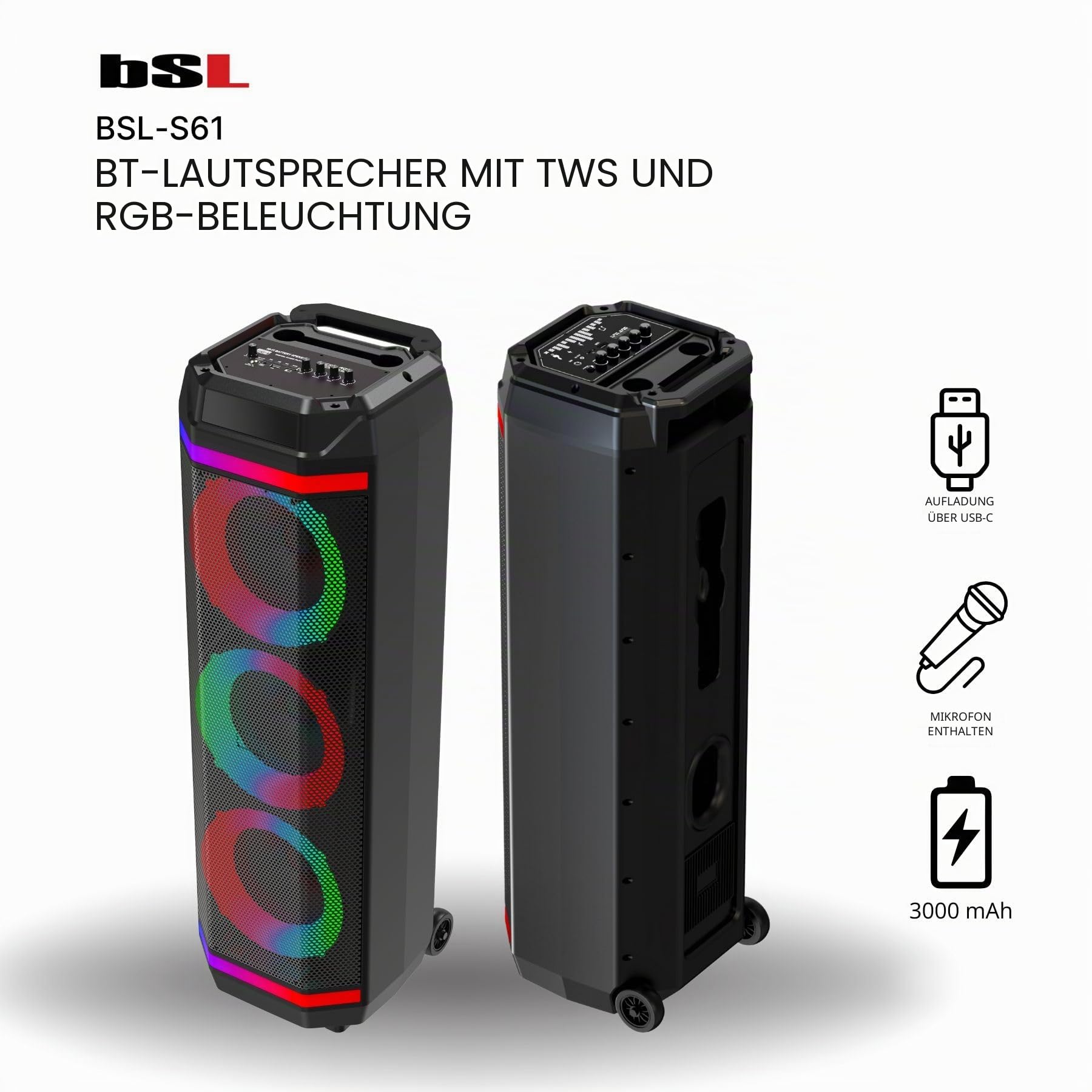 Bluetooth-Lautsprecher BSL-S61 mit Beleuchtung an den Lautsprechern | 3 Lautsprecher mit 8 Zoll | 50 W | Inklusive Mikrofon | 3600 mAh Akku | FM-Radio und MP3-Player via USB | USB-C-Aufladung