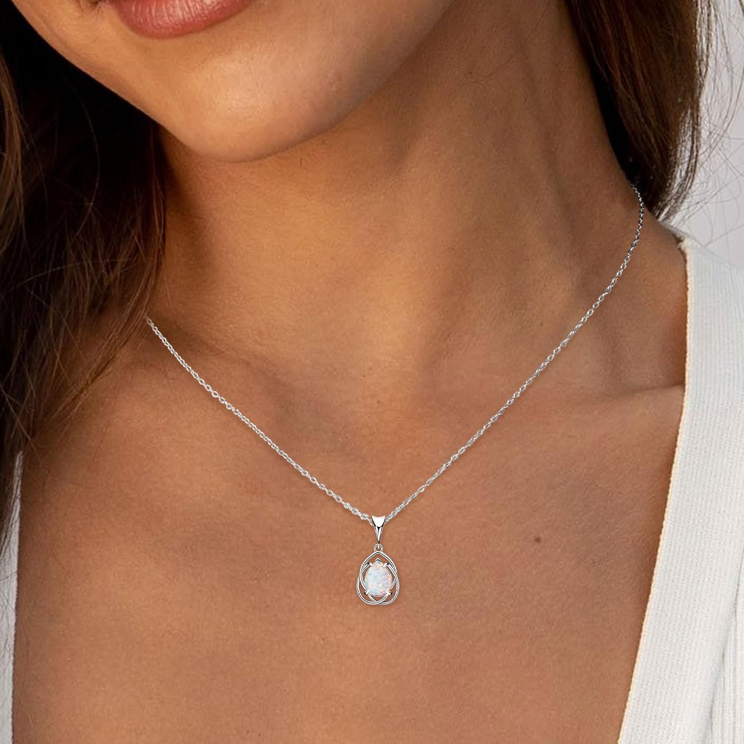 YUNKAI Opal Necklaces for Women Sterling Silver, Pear/Round/Oval Created-Opal Pendants, Dainty Vintage Necklace Fine Jewelry Gift for Birthdays Anniversaries, October Birthstone... - Image 2
