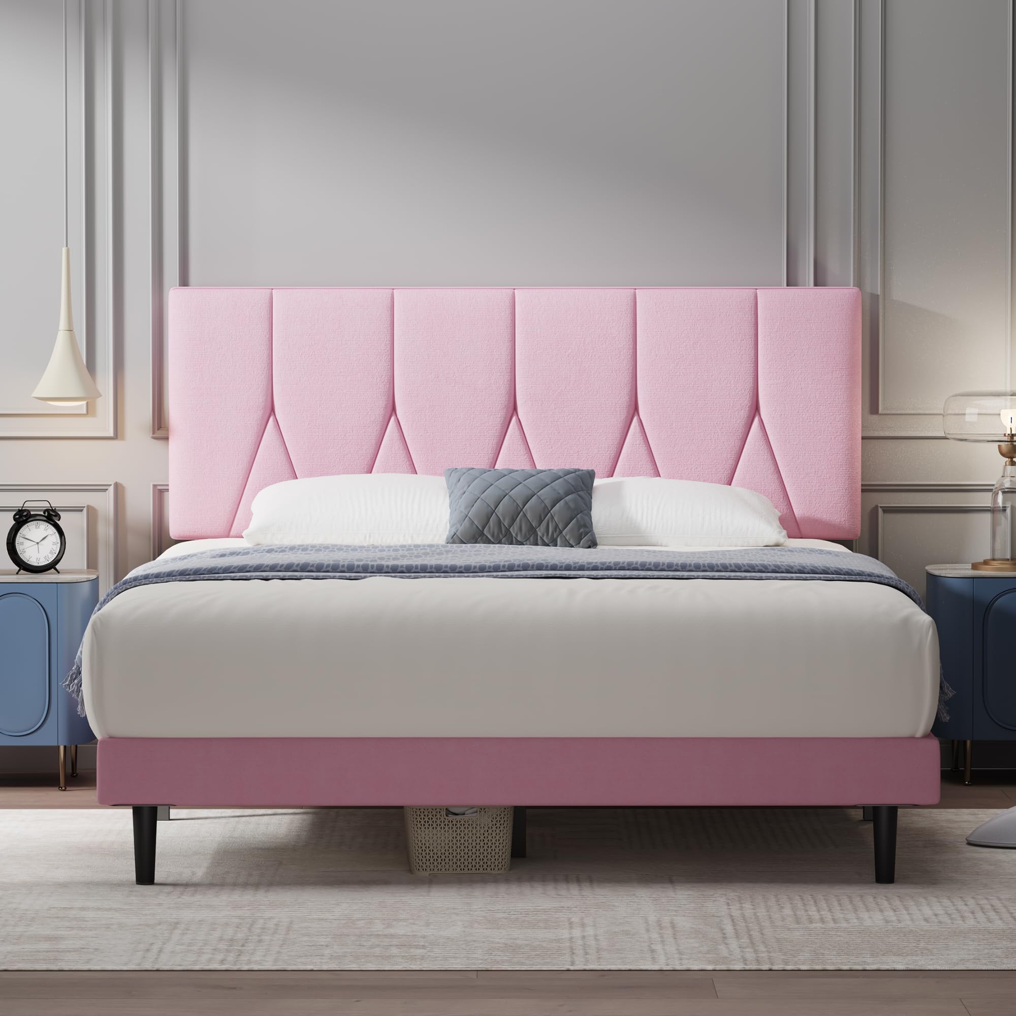 Yocreat Single Bed Frame, Pink, Upholstered Wooden Slat Bed Frame with Headboard, Easy Assembly, Underbed Storage, No Box Spring Needed 90×190