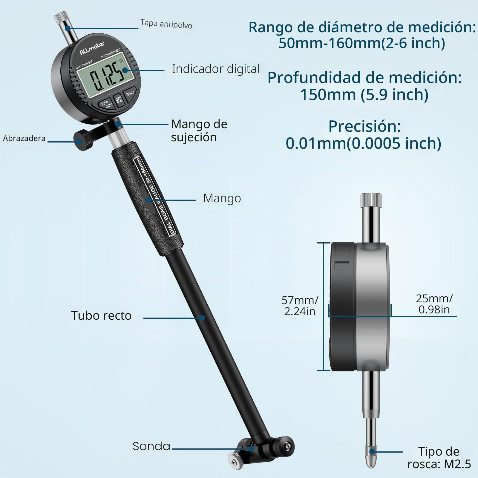 Indicador de Diámetro 0.01mm/0.0005” Indicador Dial Digital Reloj Comparador 50-160mm(2-6inch) con Dial Autocentrante para Cilindros Calibre