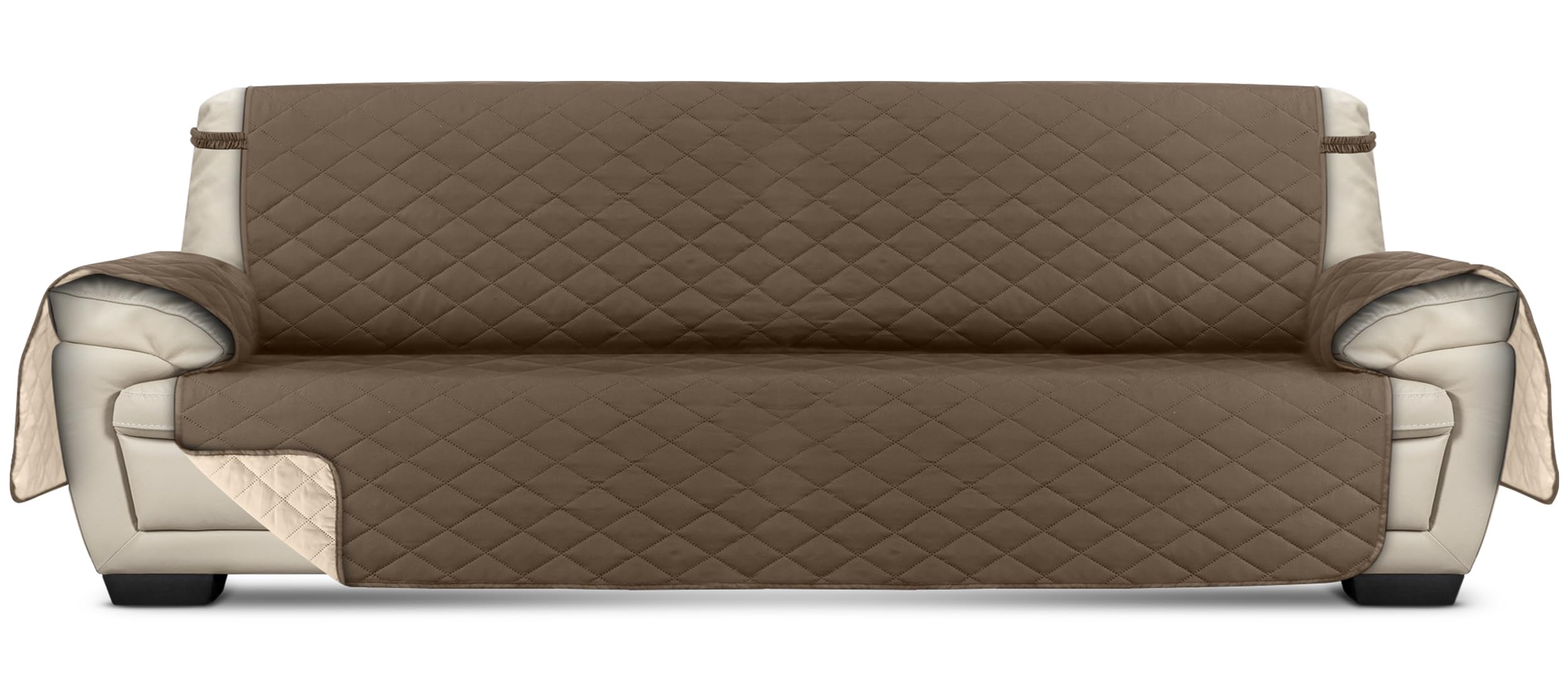 bedding reversible oversized sofa couch cover, water resistant slipcover furniture protector with foam sticks and elastic straps for kids dogs pets (3.5 seater, brown/beige)
