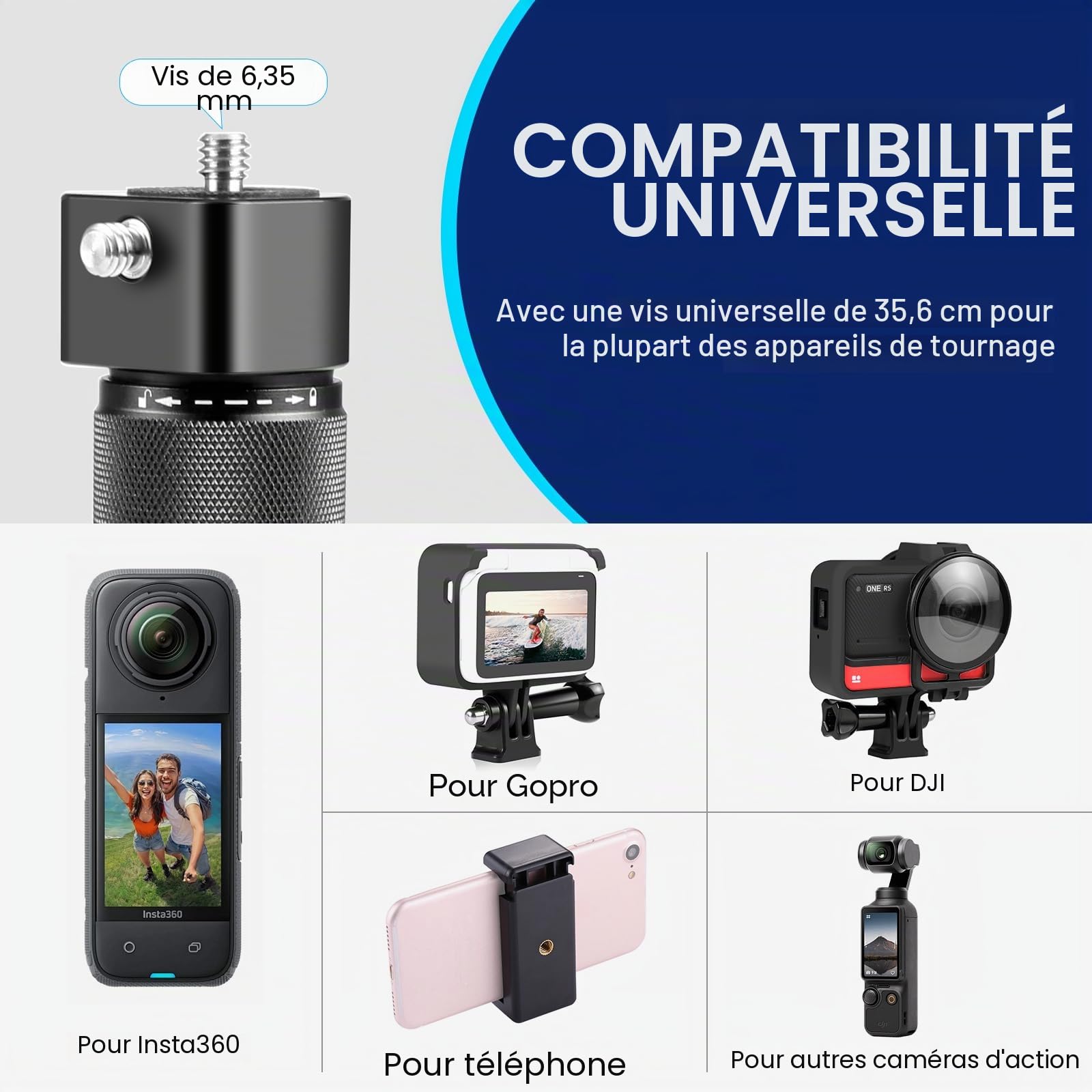 PULUZ Bullet Time Handle Trépied pour Insta 360 X3 X4 X5 One X2, Mini Trépied de Caméra avec Double 1/4 de Pouce pour DJI Osmo Action 3 4 5 Pro, Osmo 360, pour Gopro Hero 12 11 10 8 7 6 5