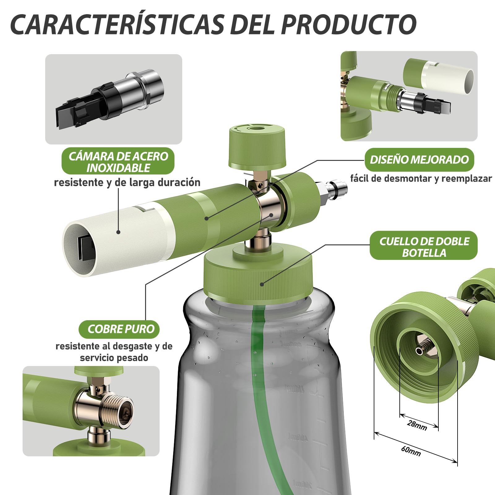 OHAYORI Lanza de Espuma con Pistola Hidrolimpiadora de 1/4 de Conexión Rápida, Cañón de Espuma con Núcleo de Latón, Diseño sin Herramientas, Botella Antideslizante de 1 L de Boca Ancha