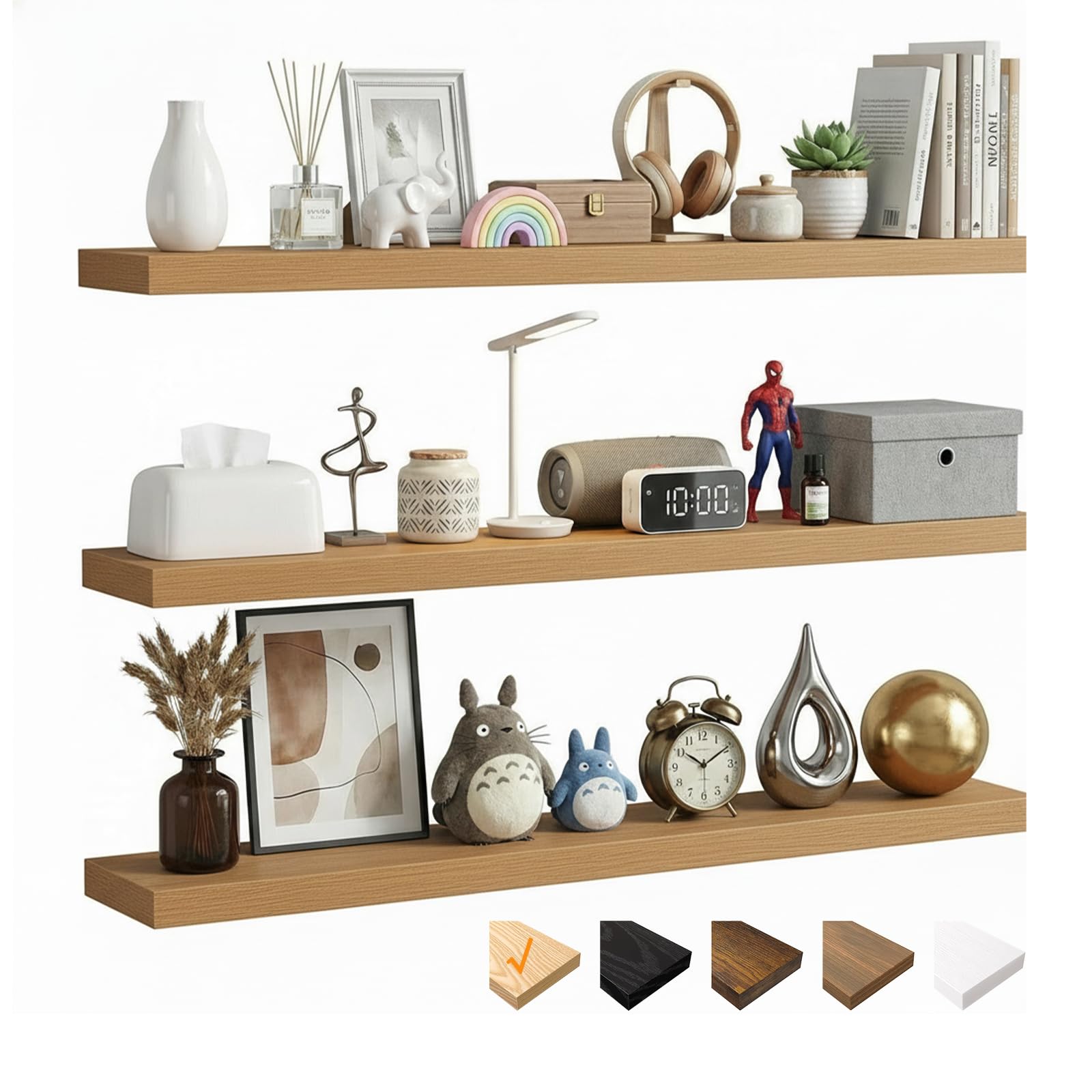 RICHER HOUSE 80cm Floating Shelves for wall, Oak Wall Shelves with Invisible Brackets, Wooden Shelves MDF for Bathroom, Bedroom, Office, Living Room, Kitchen, Set of 3, 80 x 23.5 x 3.8 cm