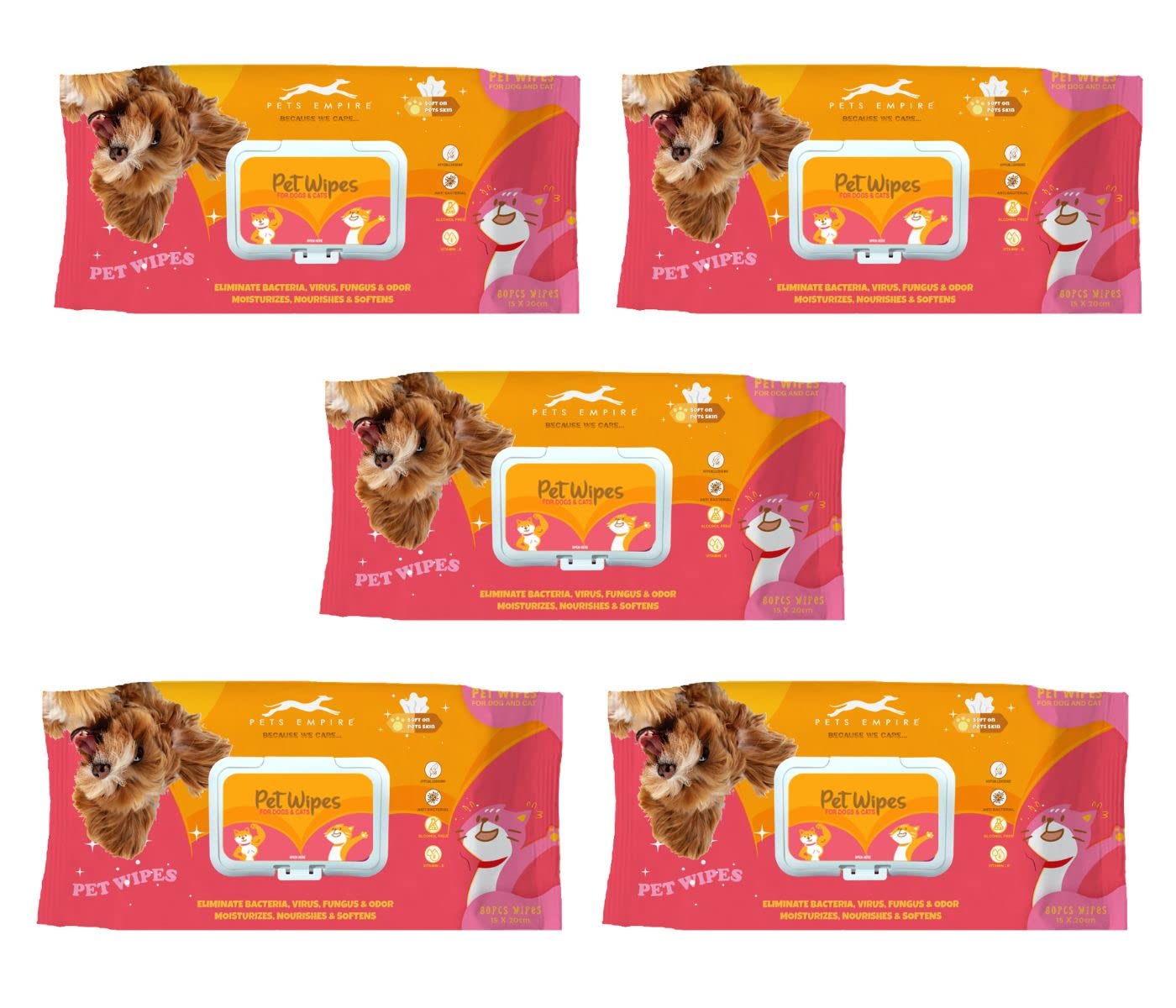 Pets Empire Wet Wipes for Dogs, Cats, Rabbit, Puppies & Small Animals (80Pcs x 5) Anti-Bacterial Cleaning and Daily Care Soft on Pets Skin, Dry Bath, Ear & Paw Daily Cleaning Grooming Wipes (15x20 cm)
