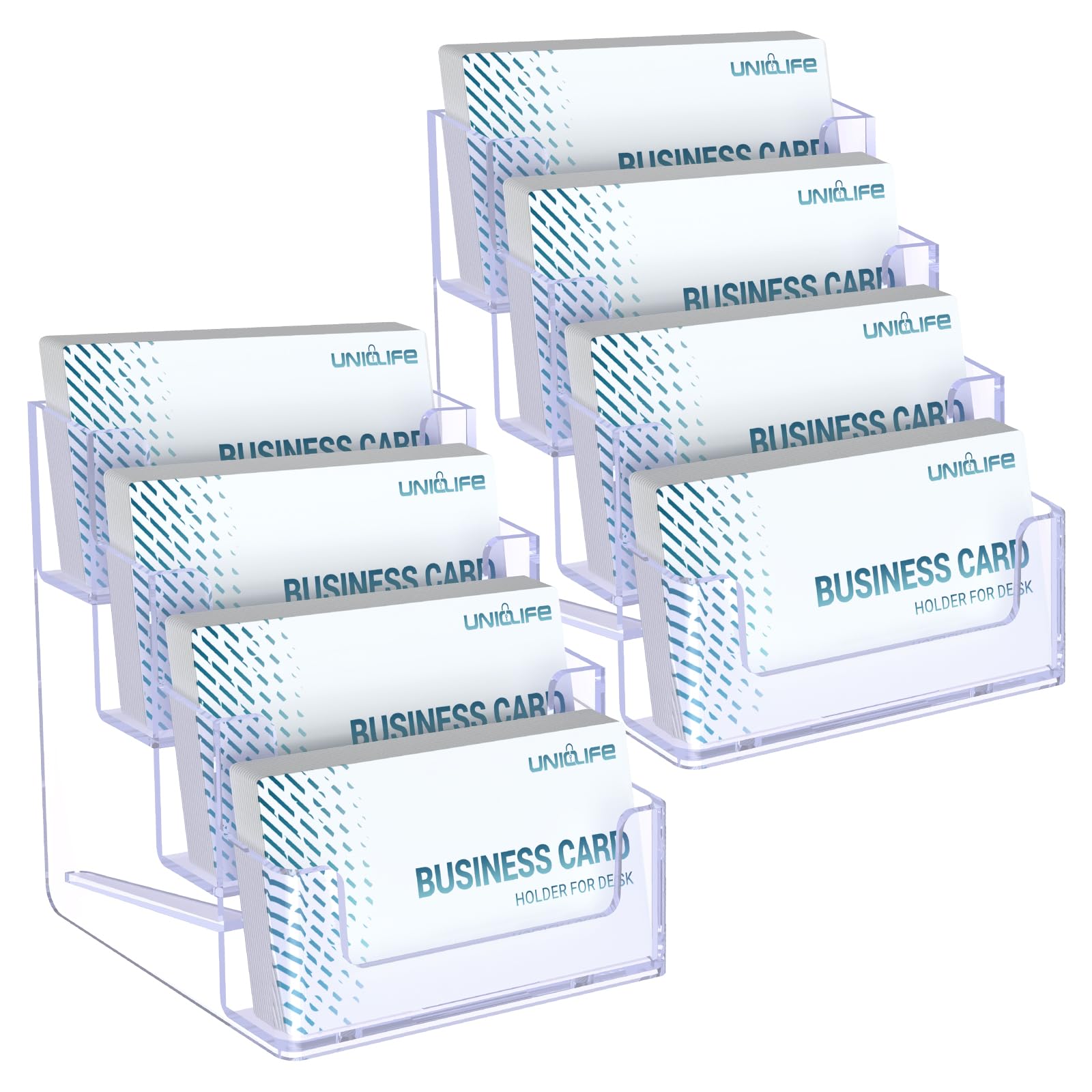 Uniclife 2 Pack Acrylic Business Card Holder for Desk 4 Slots Clear Business Card Display Stand for Men & Women Desktop Business Card Organizer Card Stand for Office Home Exhibition 240 Card Capacity