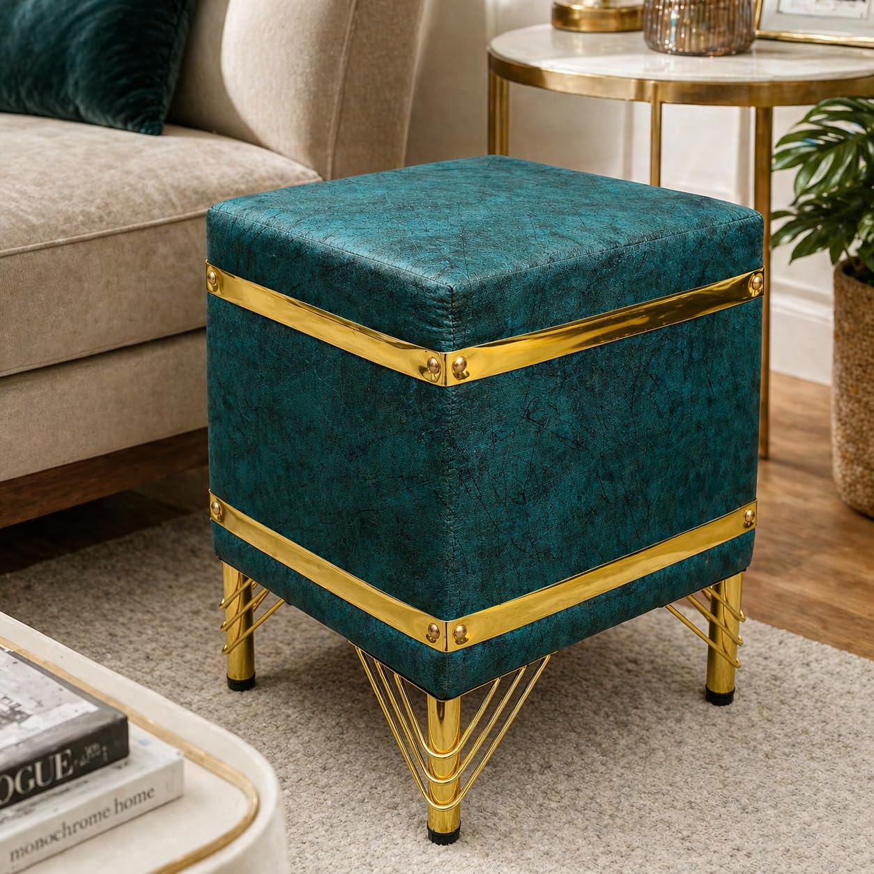 Luxury Velvet Ottoman Stool for Living Room | Velvet Footrest Stool with Gold Metal Legs | Small Seating Pouffe and Footrest Stool for Bedroom Dressing | 14 x 14 x 18 Inch (Teal)-image-27