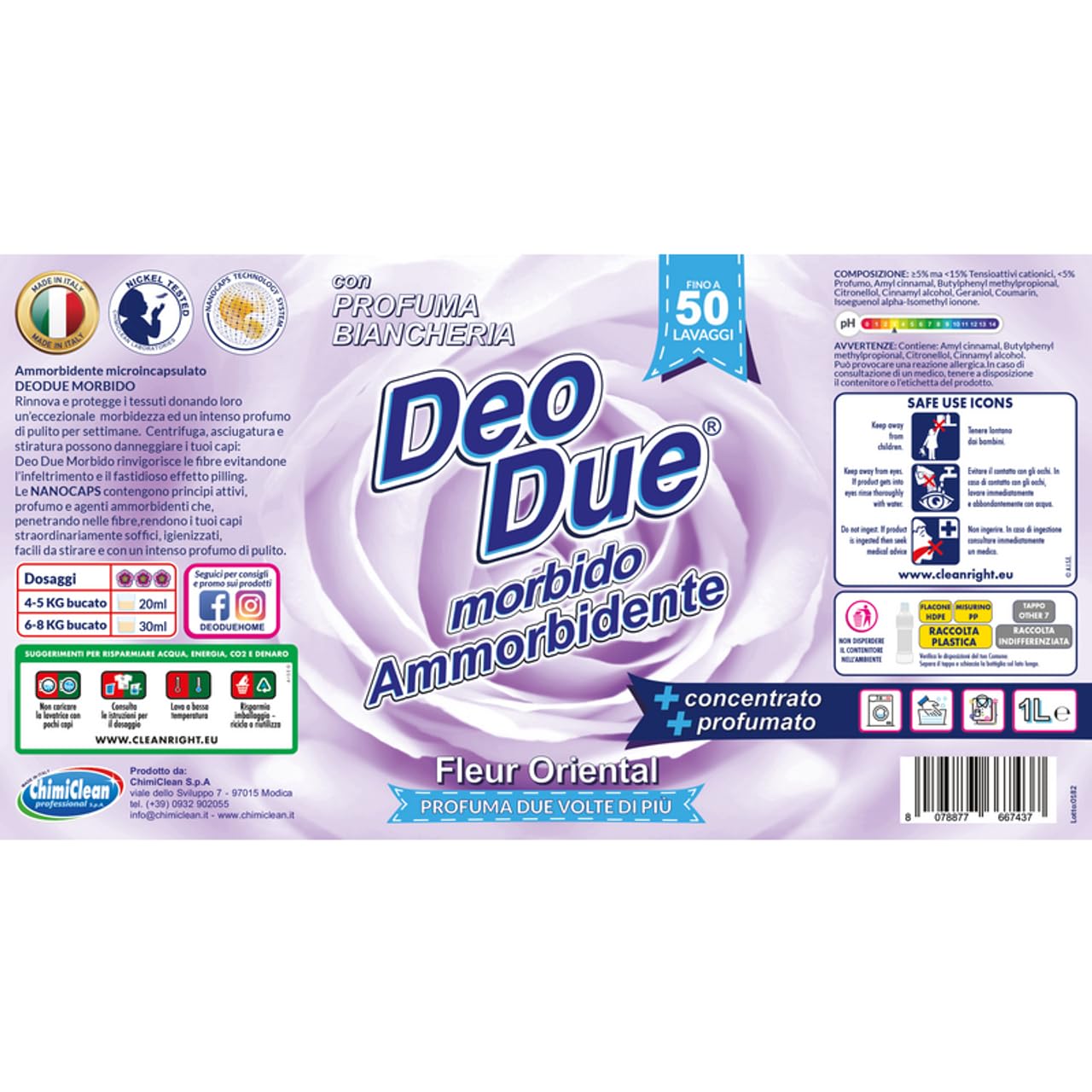6 x DEO DUE Ammorbidente Concentrato Fleur Oriental, ammorbidente concentrato, ideale per tutti i capi, 50 lavaggi, 1 l + portachiavi Beni Culinari in omaggio