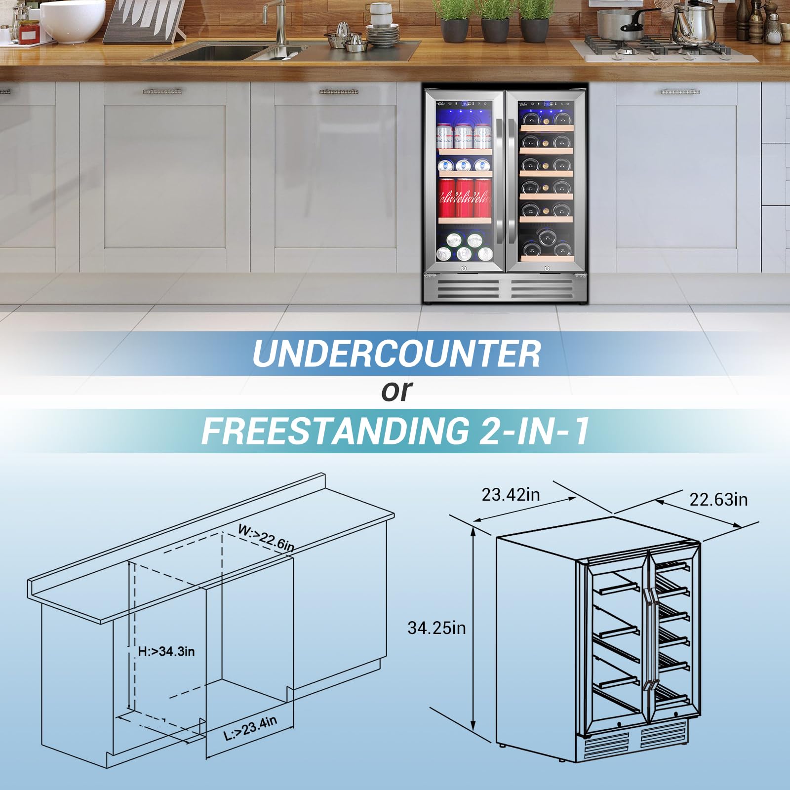 Wine And Beverage Refrigerator, 24 Inch Dual Zone Wine Beverage Cooler Under Counter With Glass Door&Lock, 18 Bottles And 68 Cans Large Capacity For Beer Soda Drink, Built-In Or Freestanding Fridge on Fridge.com - View 6