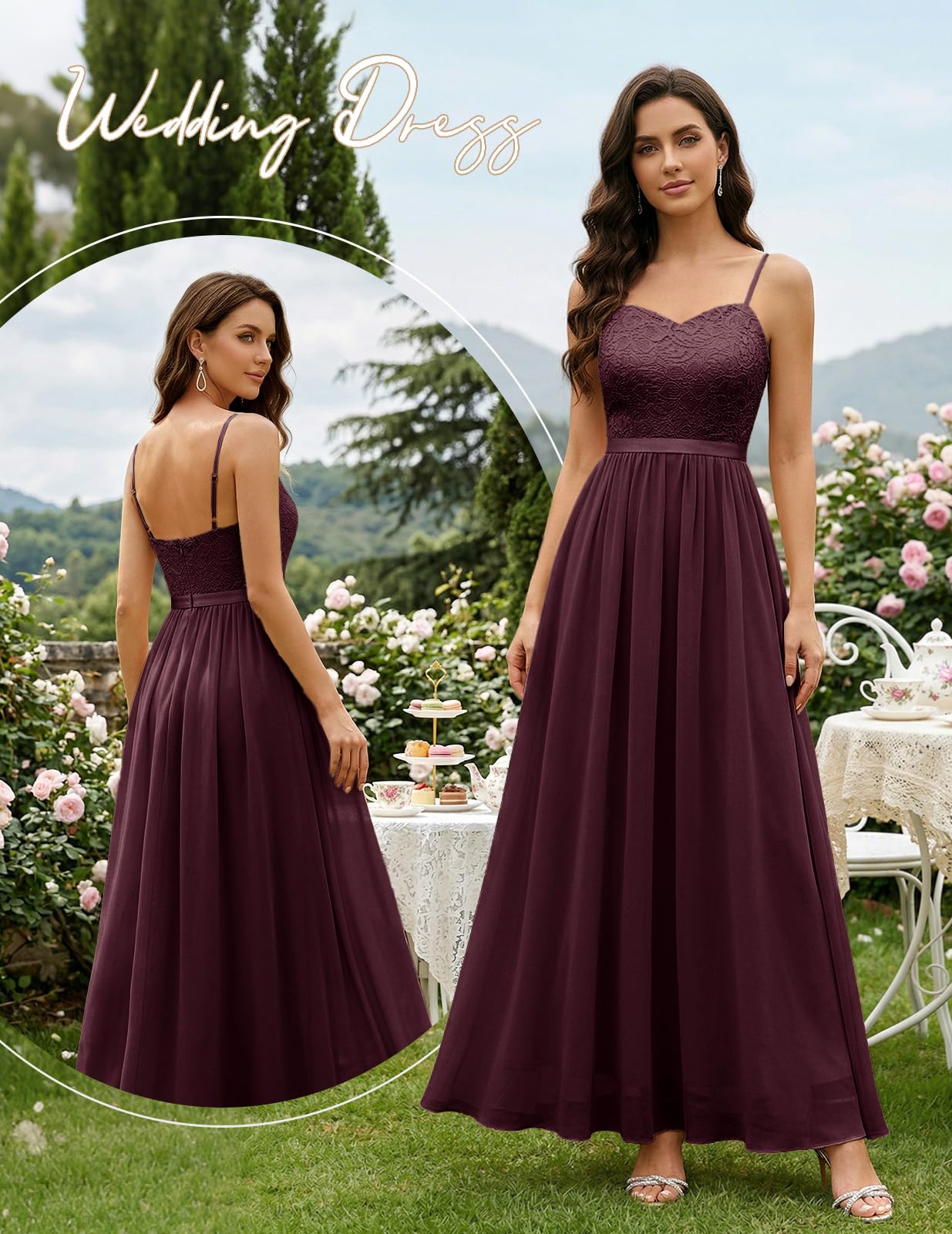 DRESSTELLS Abendkleider Elegant für Hochzeit Festlich Ballkleid Damen Lang Brautkleid Standesamt Brautjungfernkleider mit Spaghettiträger Jugendweihe Kleider