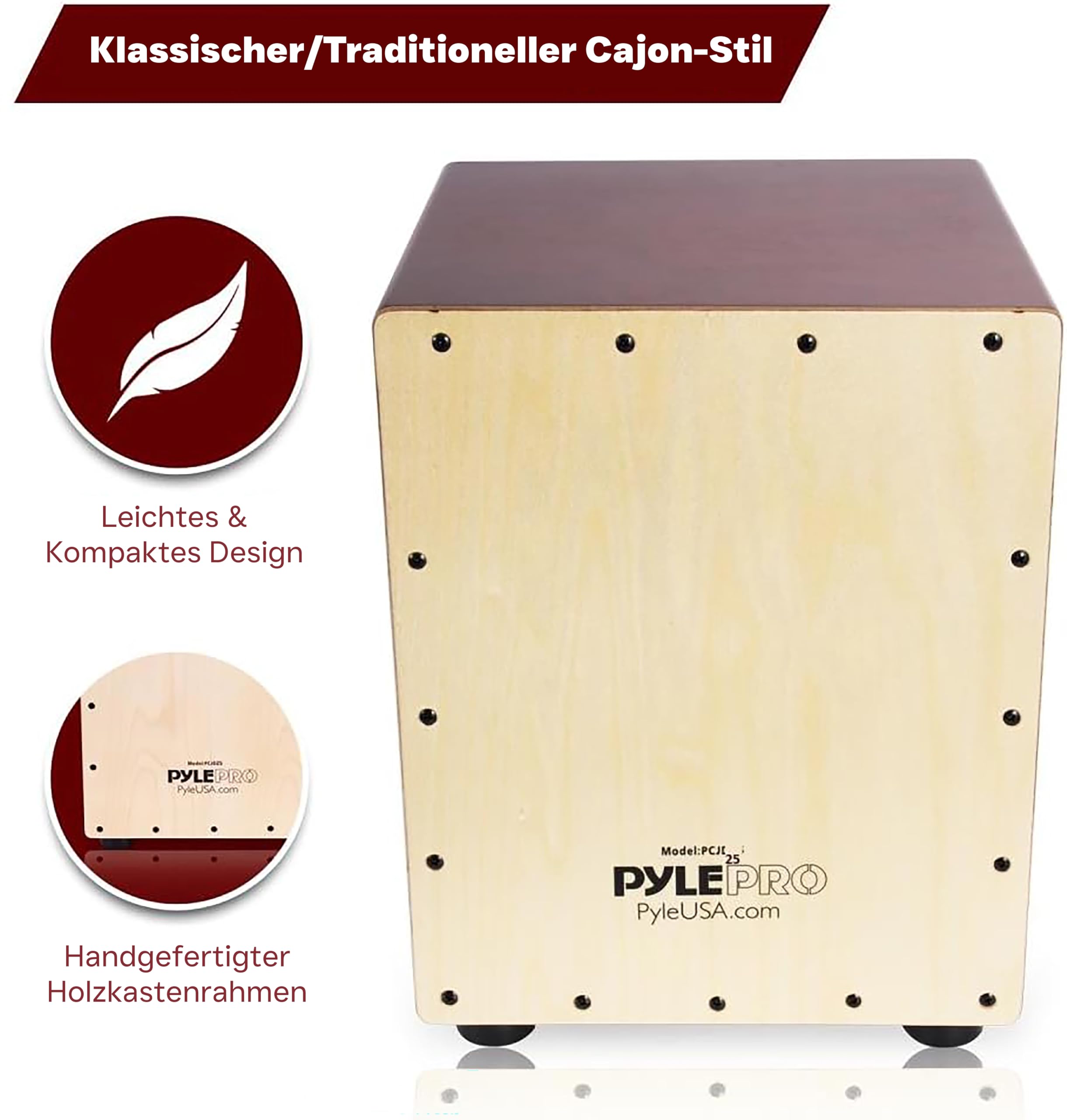 Pyle Cajon Instrument für Kinder & Erwachsene, Sitztrommel Instrumente handgemacht aus Holz (Birke), mit Snare, Trommel für Einsteiger & Profi, Schlagwerk mit abgerundeten Kanten, Rot