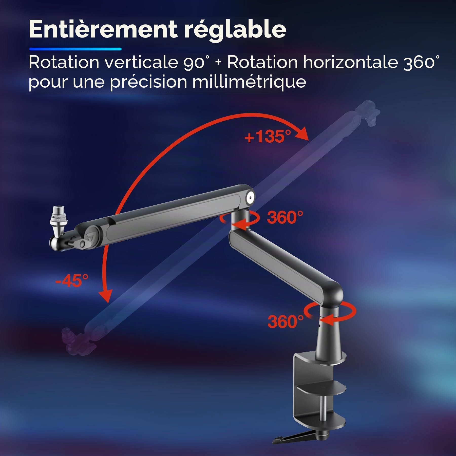 THRONMAX S7 TUNE Bras de Microphone à Profil Bas, Support de Micro à Rotation 360° pour Streaming, Podcast et Jeux, Compatible avec Blue Yeti, HyperX