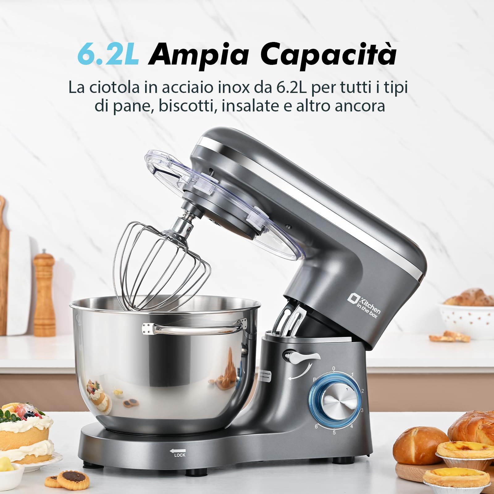 Kitchen in the box Impastatrice Planetaria, 6,2 Litri Impastatrice Professionale 1400W, 6 Velocità con Uncino Impastatore, Mescolatore e Frusta Sbattitrice (Grigio)