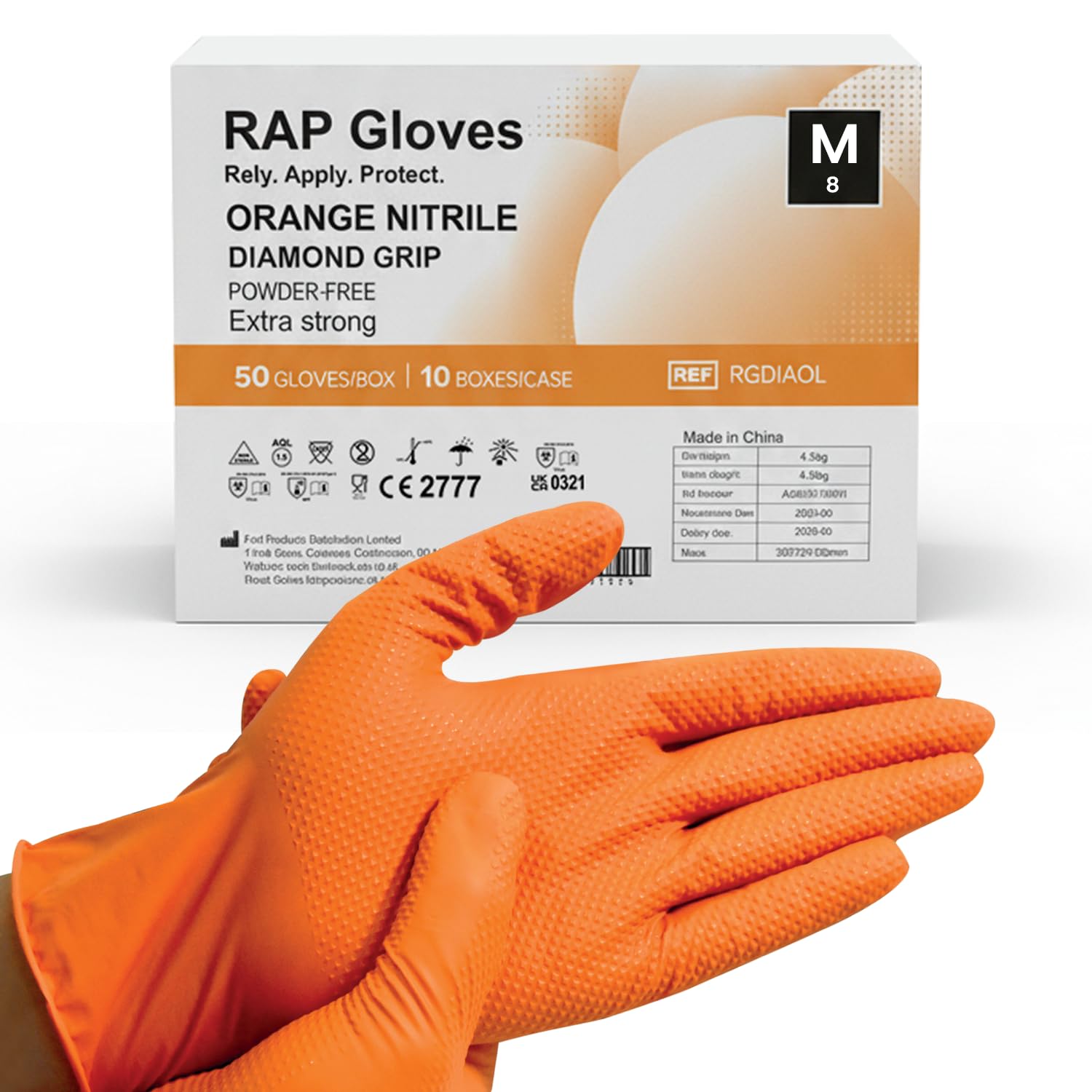500 Orange Nitrile Disposable Gloves Medium Heavy duty, Diamond Grip Gloves, Latex-Free, Powder-Free, Non-slip, Extra Thick – Ideal For Mechanics, Workshop, and Automotive use.