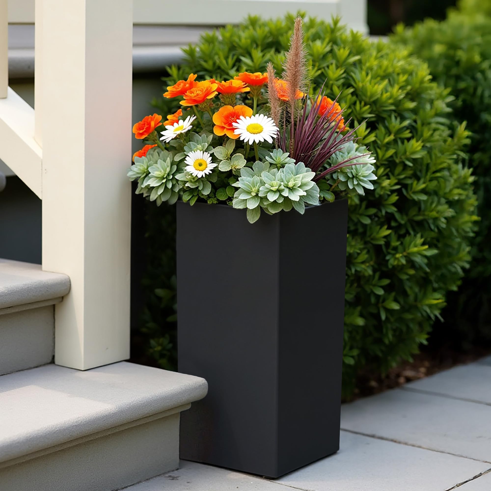 IDEALIST Small 50cm Tall Garden Planter | Black Reinforced Stone Tall Square Planter with Drainage Holes L21 W21 H50.5 cm, 11 litres โ image 1