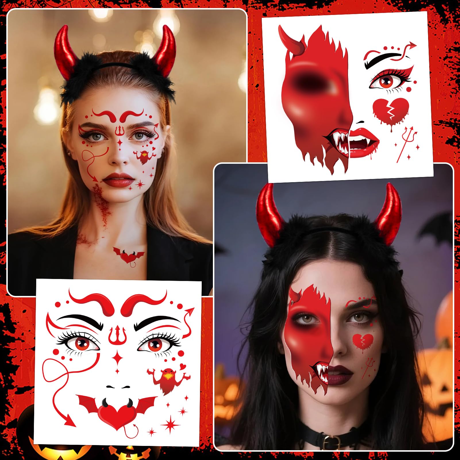 DPKOW Red Devil Horns Headband Halloween Face Stickers Tattoos Gloves for Halloween Costume Accessories Red Devil Costume Woman Cosplay Outfits Accessories Carnival Masquerade Supplies - Image 4