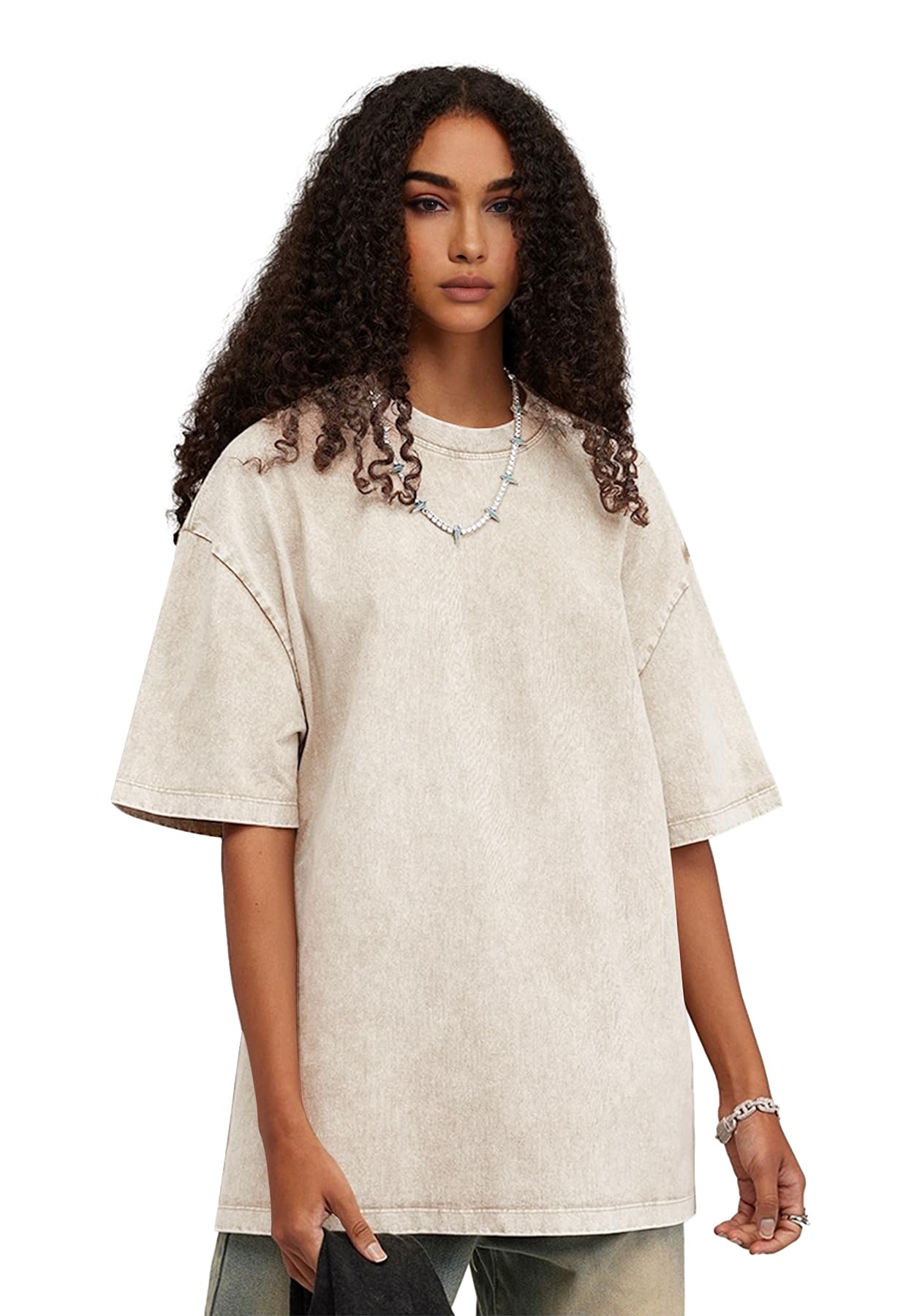 Arnodefrance Unisex Vintage Loose Fit Crewneck Washed Tshirt Oversize Tee Shirt Cotton Short Sleeve Shirt Apricot XX-Large