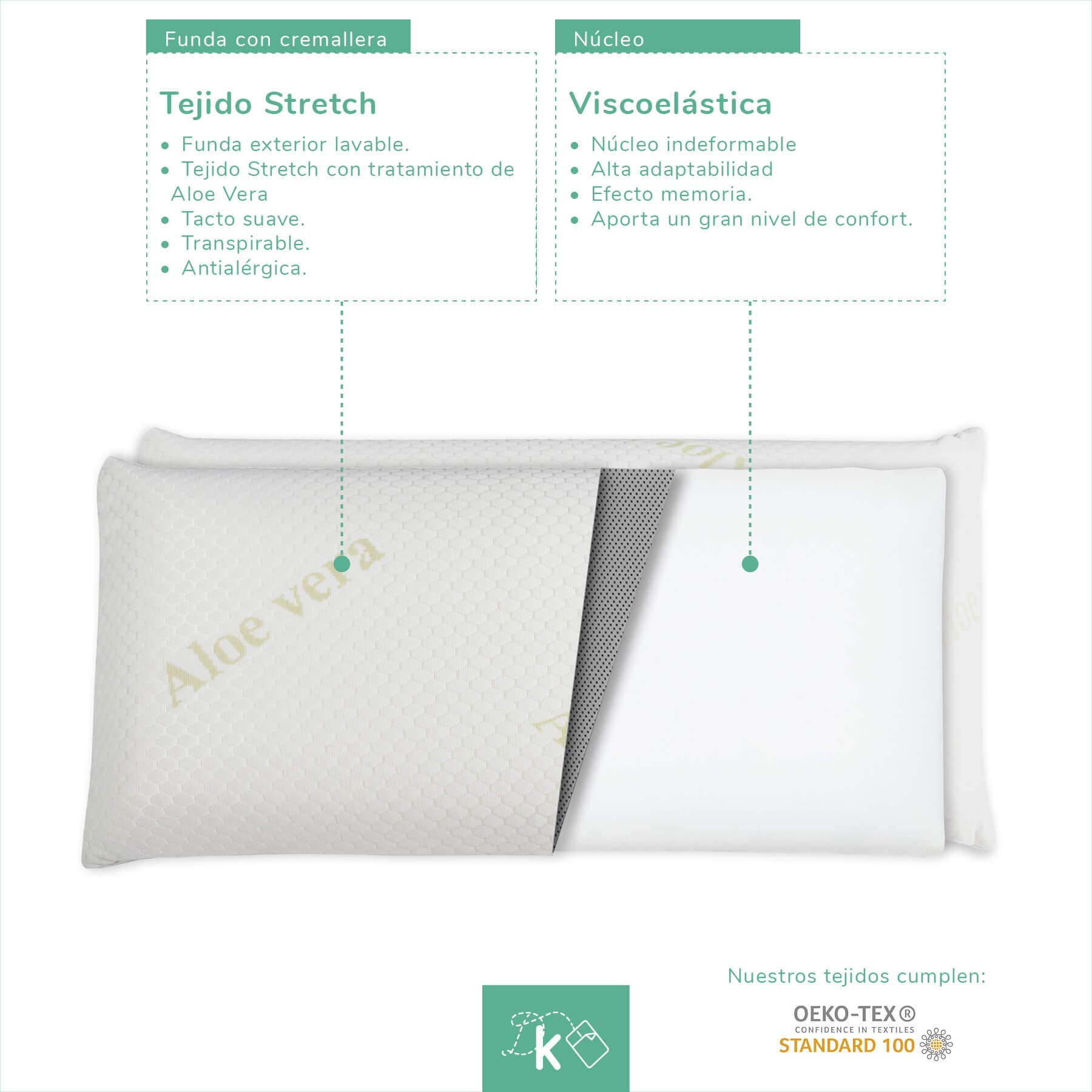 Dreaming Kamahaus Pack 2 Almohadas Visco Aloe Vera 75cm | Núcleo viscoelástico | Gran adaptabilidad | Funda Stretch Aloe Vera con Cremallera |