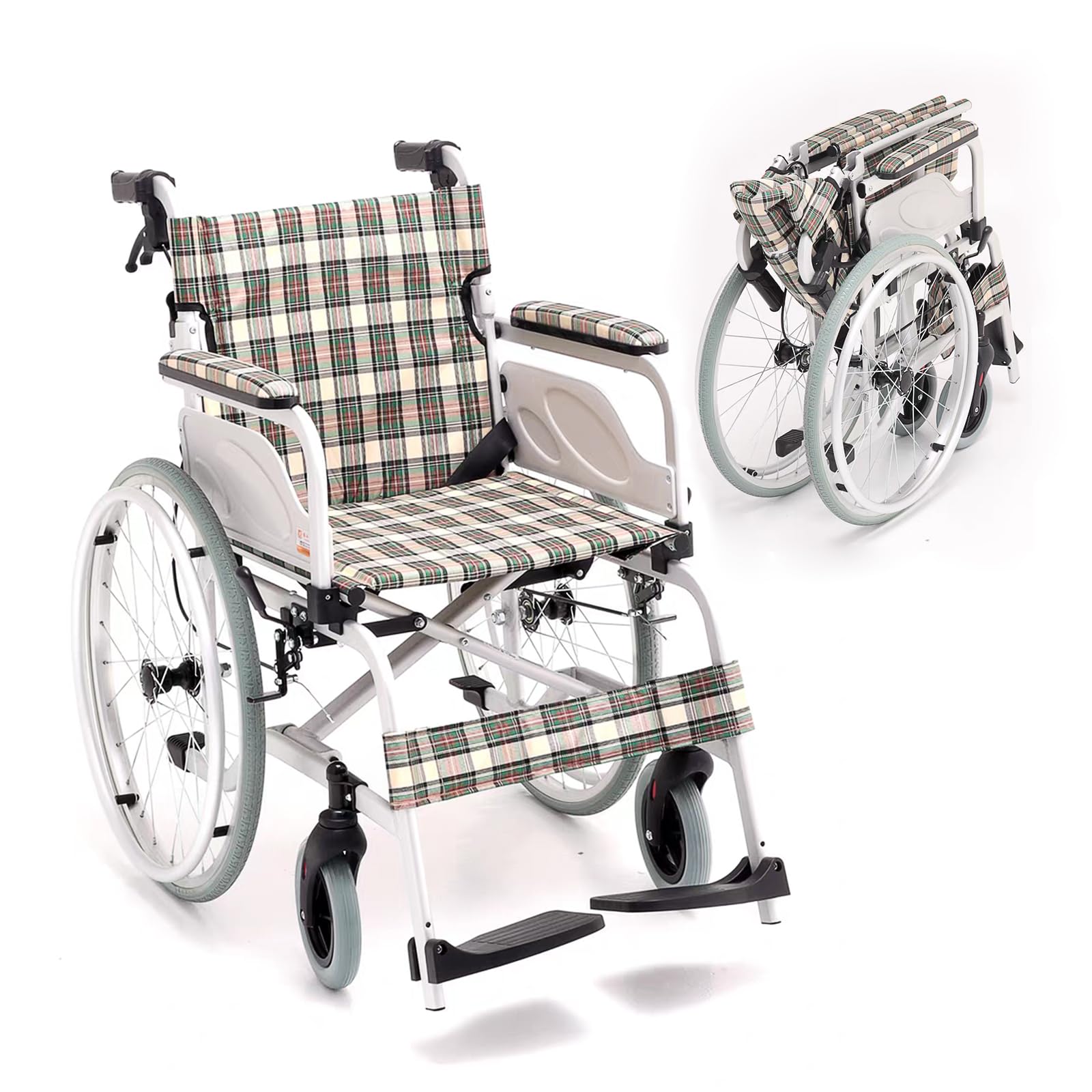 Silla de ruedas autopropulsada y plegable y ligera, de aluminio para personas mayores, reposapiés oscilante, para personas mayores, soporta 220 libras, silla de ruedas de transporte (tamaño