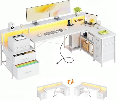 VERMESS L Shaped Desk with 5 Fabric Drawer, 74 Computer Corner Desk with Power Outlet, Home Office Desk with Storage Shelves & File Drawer, Gaming Desk with Led Lights, White