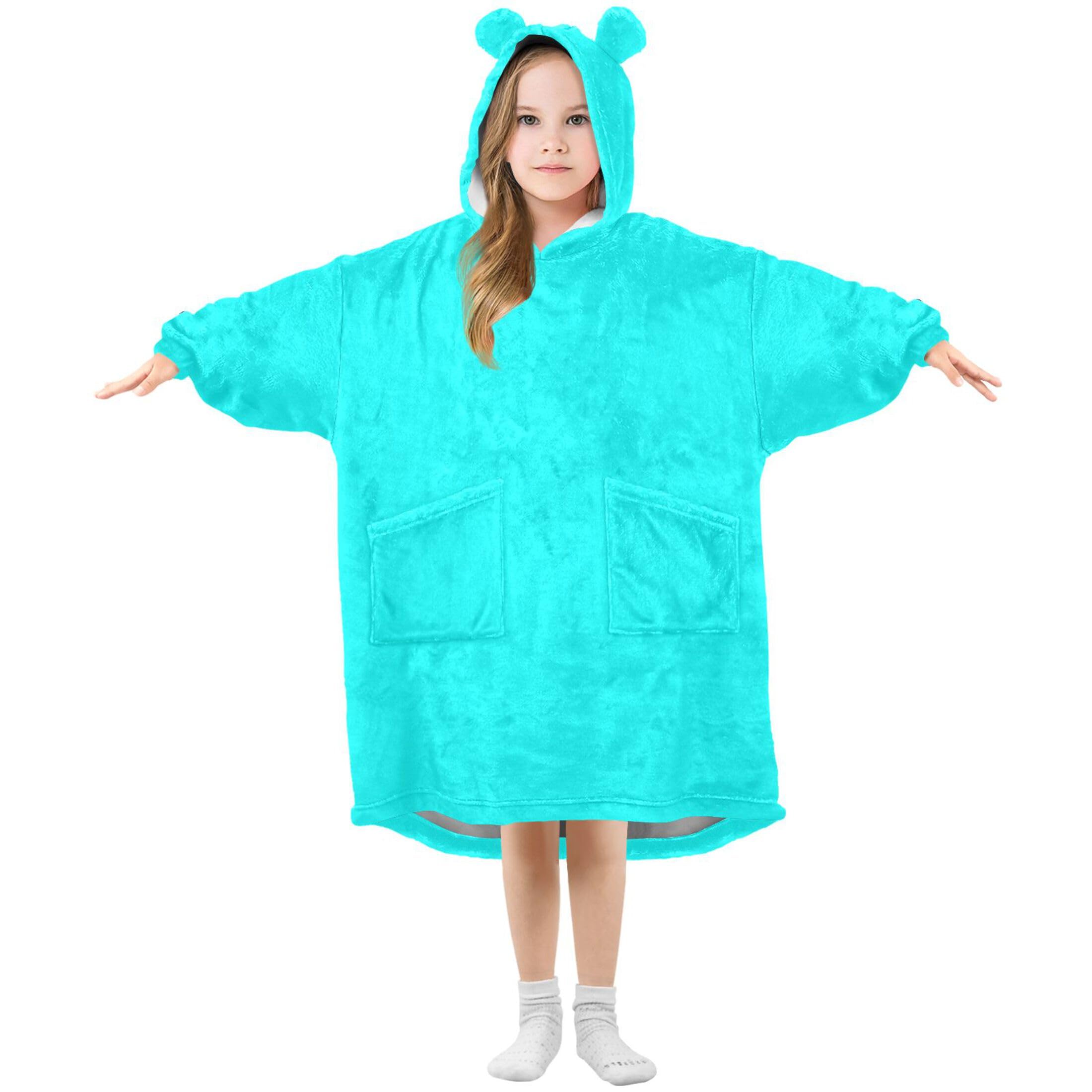 Turquoise Kids Wearable Blanket Hoodie with Pocket and Sleeves for Toddlers, Cute Hoodies 3-14 Year Girls Boys