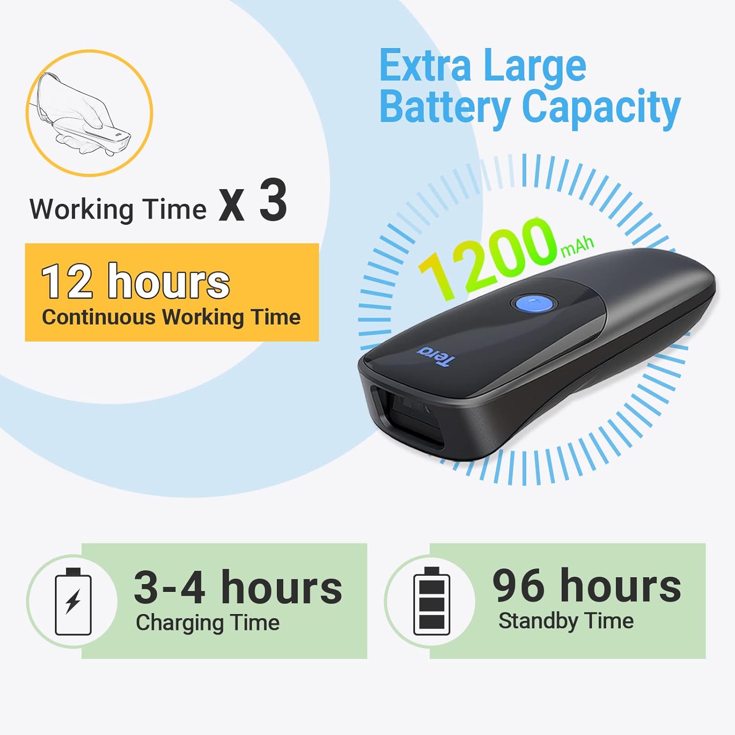 Graphic illustrating the 1200mAh battery capacity and 12 hours of continuous working time.