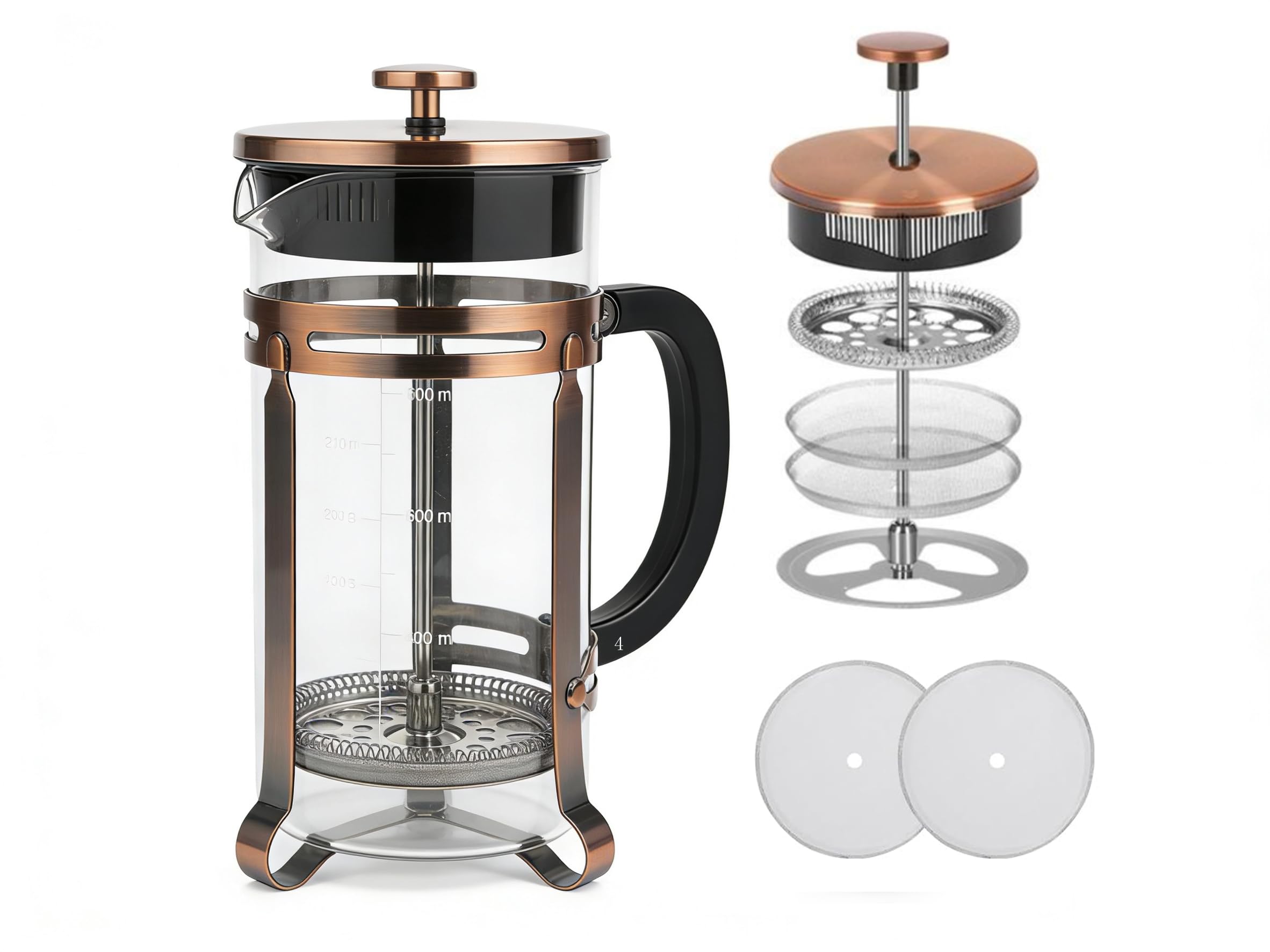 PSAVGLA 21 oz Bronze French Press Coffee Maker, Heat Resistant Borosilicate Glass, Coffee Press with 4 Filters System Tea & Cold Brew Extra Filter Included