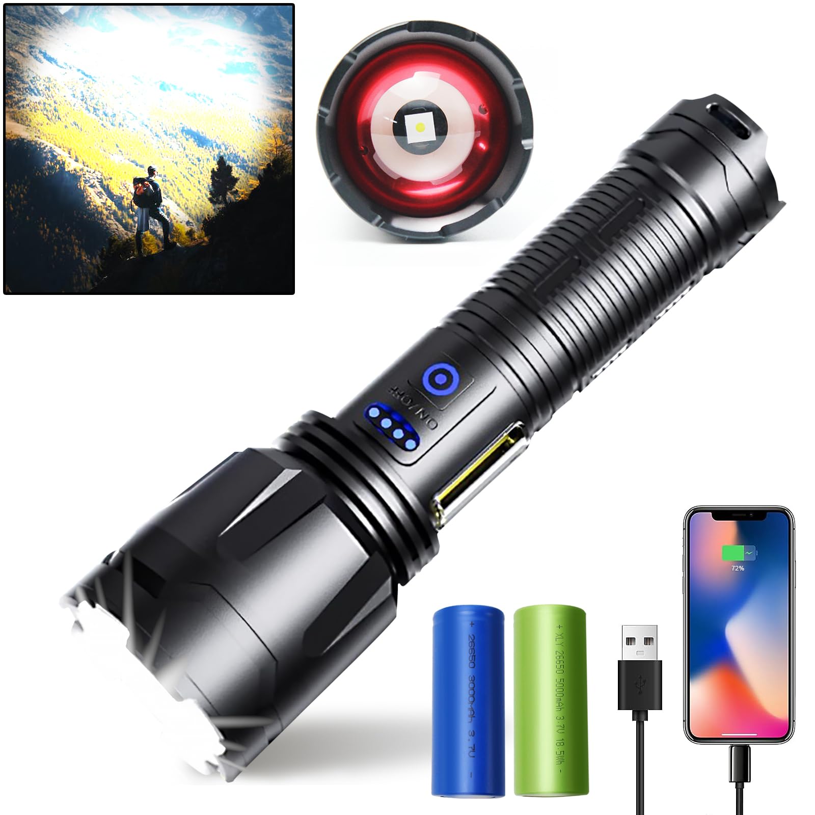 Flashlights High Lumens Rechargeable,300000 Lumens Super Bright Flashlights, 7 Modes with COB Work Light, Zoomable, IP67 Waterproof Flash Light with Cases for Emergency Camping