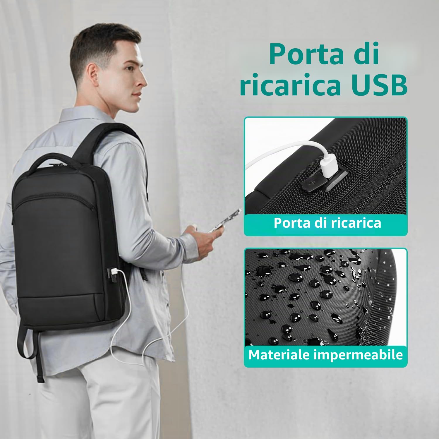Zaino Porta PC 15.6 Pollici Uomo Donna Lavoro Impermeabile Antifurto con Porta USB per Uffico Università Scuola Viaggio Business-Nero