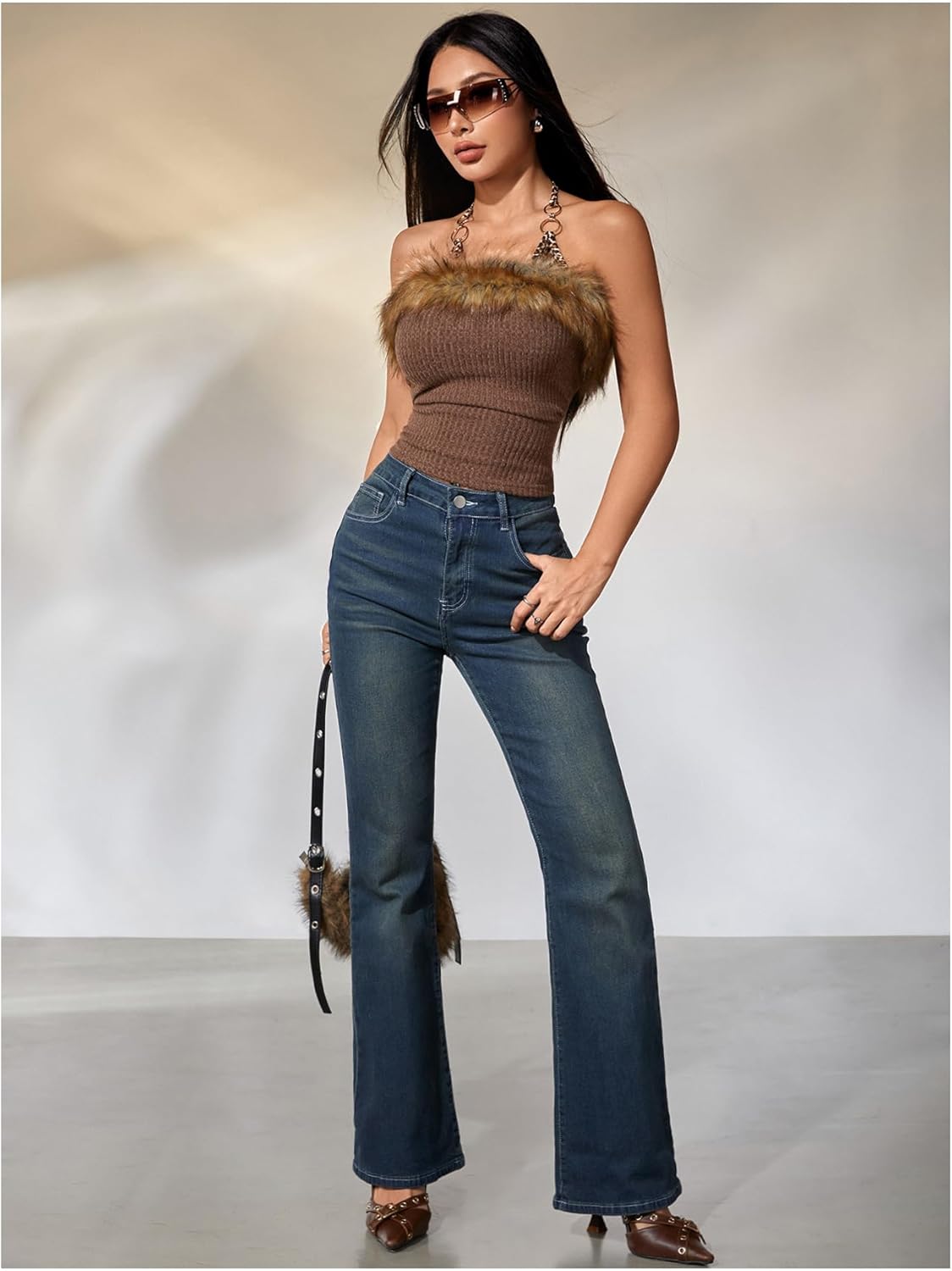 MakeMeChic Women's Faux Fur Leopard Halter Tops Metal Ring Tie Back Y2k Concert Top - Image 5