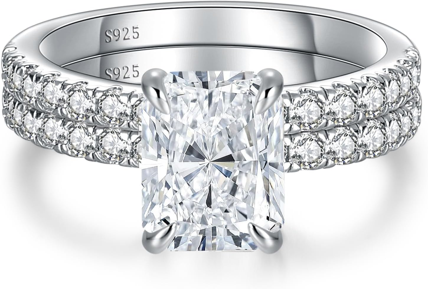 3CT Moissanite Engagement Rings Set for Women Radiant Cut Wedding Ring White Gold Plated Sterling Silver Bridal Set Anniversary Christmas Gift