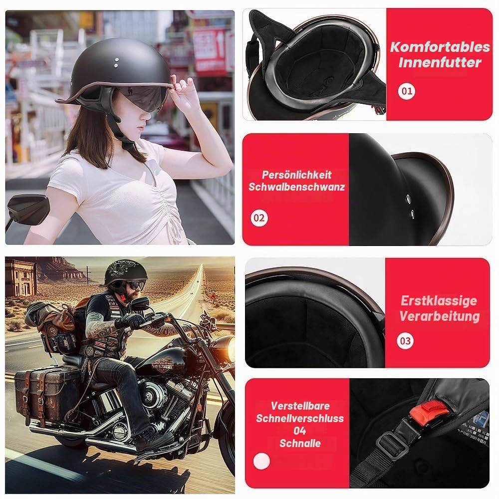 Jethelm mit ECE, Retro Helm im Schwalbenschwanz-Design - Halbschale für Motorrad und Scooter mit Sonnenblende und Herausnehmbares Futter