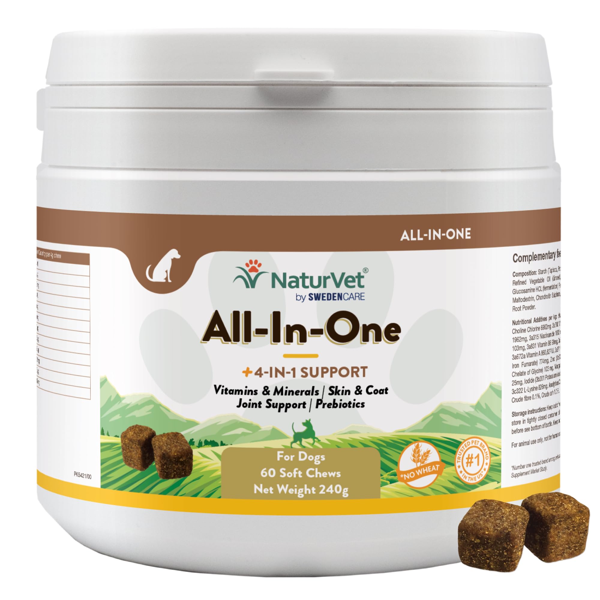 NaturVet All-in-One Dog Supplement – Joint Support, Skin & Coat Health, Prebiotics, Vitamins & Minerals for Digestion, Immune & Overall Health - Vet-Approved - 60 Soft Chews