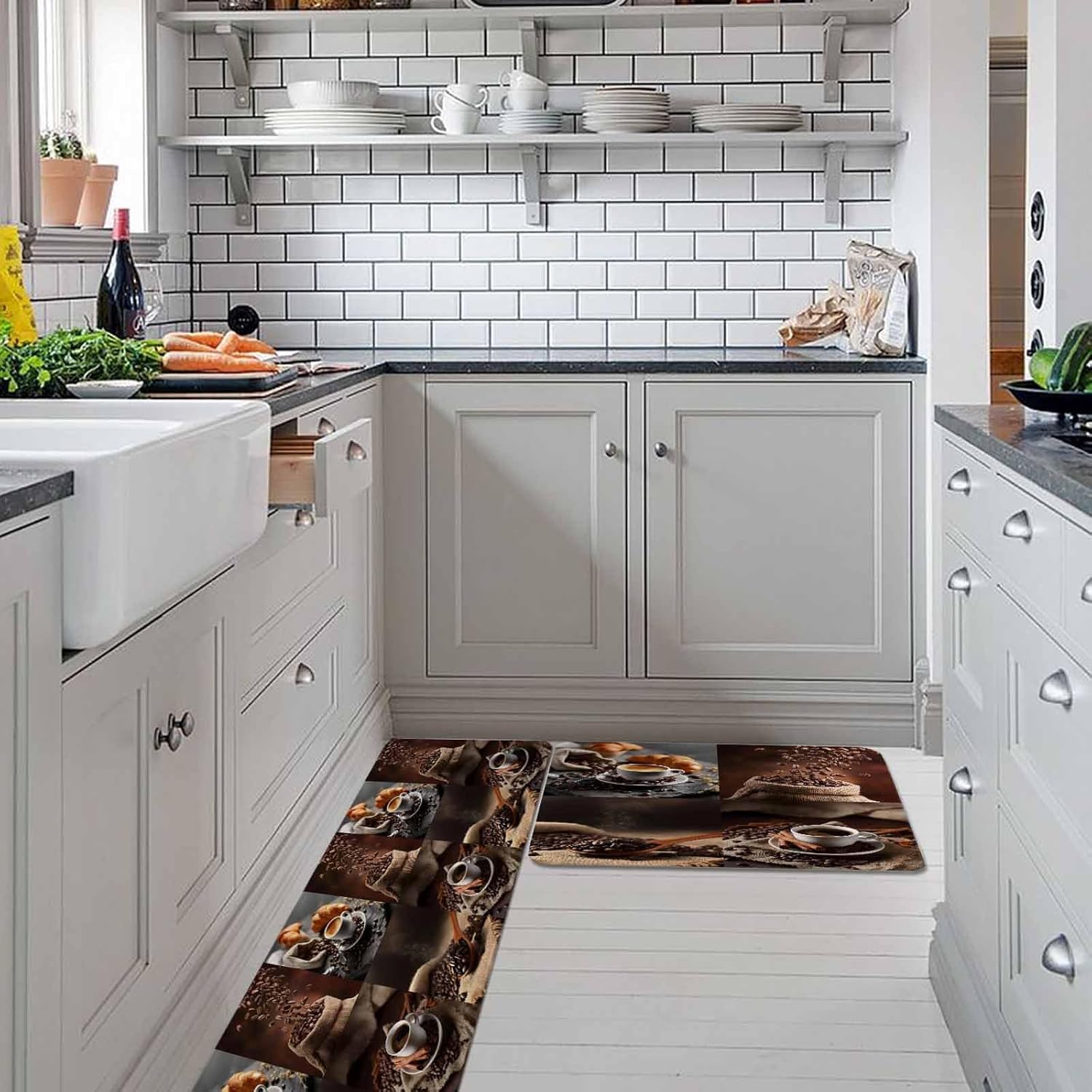 Coffee Beans Kitchen Rugs and Mats Set of 2, Non-Slip Kitchen Sink Mat, Brown Hot Cafe Latte Cup Drink Country Washable Doormat Bathroom Rugs Runner for Bedroom/Living Room 15.7"x23.6"+15.7"x47.2"
