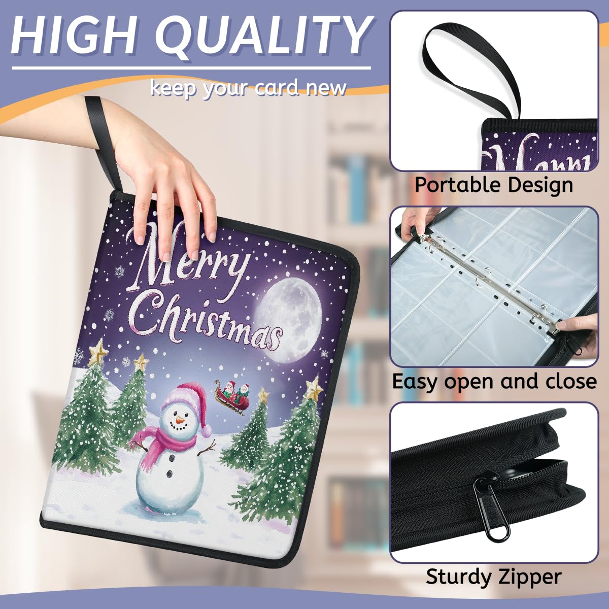 Classeur pour cartes à collectionner - 9 poches - Arbre de Noël - Bonhomme de neige - Avec pochettes amovibles - Étanche - Avec fermeture éclair - Capacité de 50 pages et 900 cartes